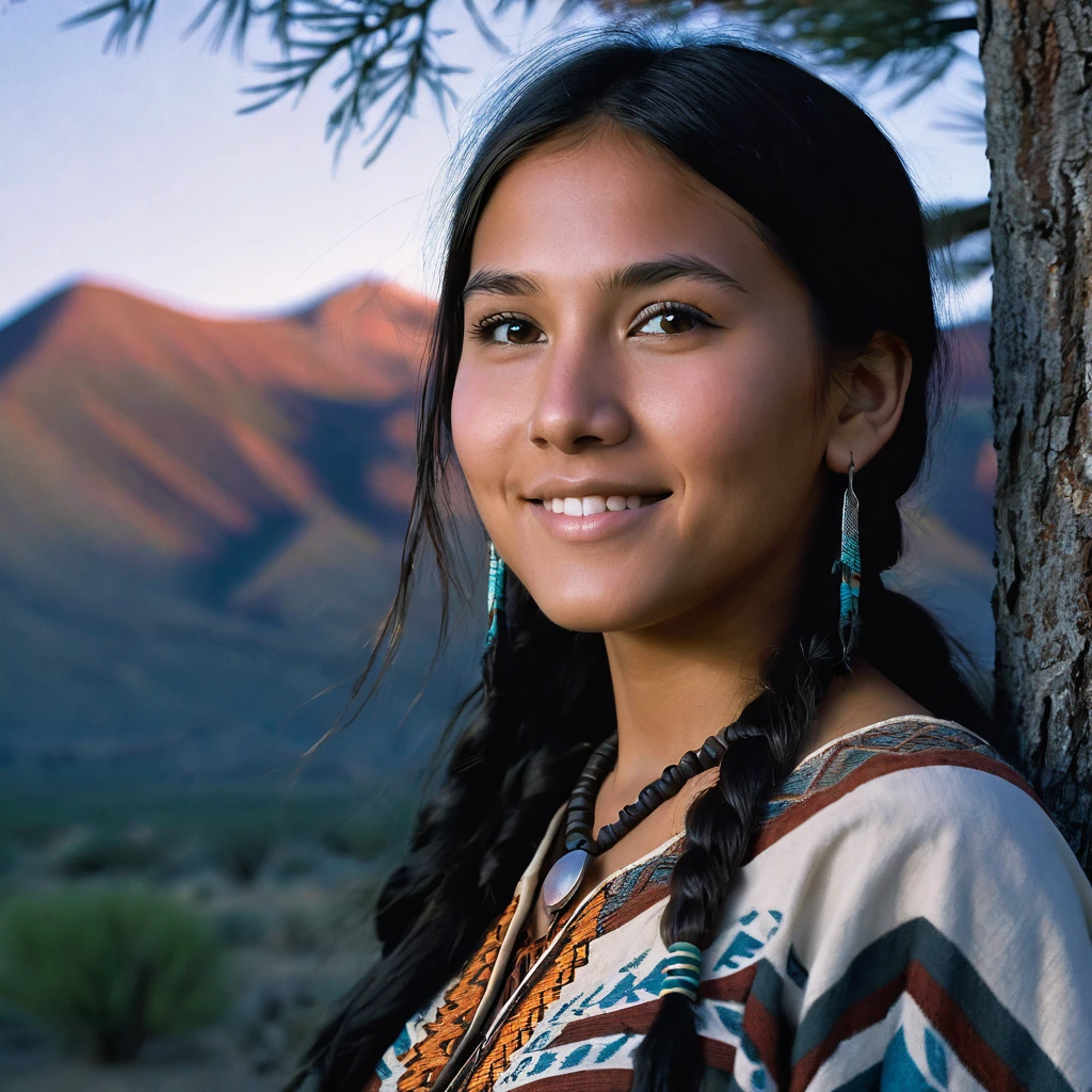 (grainy:0.5), cinematic, beautiful girl 25 year old,native american,fantasy,(solo:1.3), detailed eyes, detailed face, detailed native american clothing , volumetric lighting, dusk, extremely detailed background, standing next to tree and mountain, smiling, half closed eyes, tilted head, from side