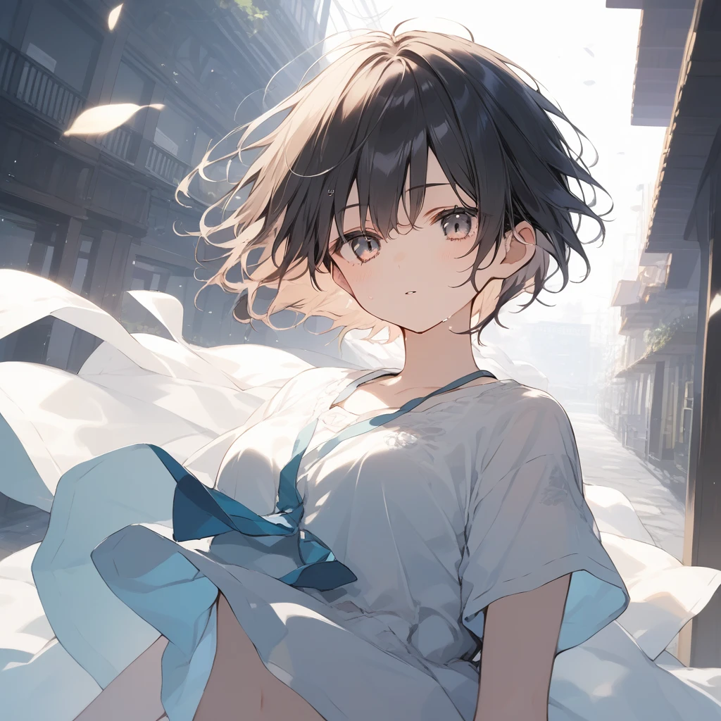 score_9, score_8_up, score_7_up, source_anime, best quality, masterpiece, official art, absurdres, highres, ultra-detailed,waifu2x,Collection: Slice of Life,break,1girl, tomboy, very short hair, breasts, groin, open eyes, beautiful detailed eyes, expressionless, sweat, parted lips, sleepily, outdoors, wind,break,(clear line illustration:1.2), super detailed skin,very high resolution, very aesthetic, Best sexual lighting powered by famous artist, 8k,cute picture,beauty illustration,photoshop_(medium),,(Detailed Lighting),best anime 8k konachan wallpaper, pixiv contest winner,
