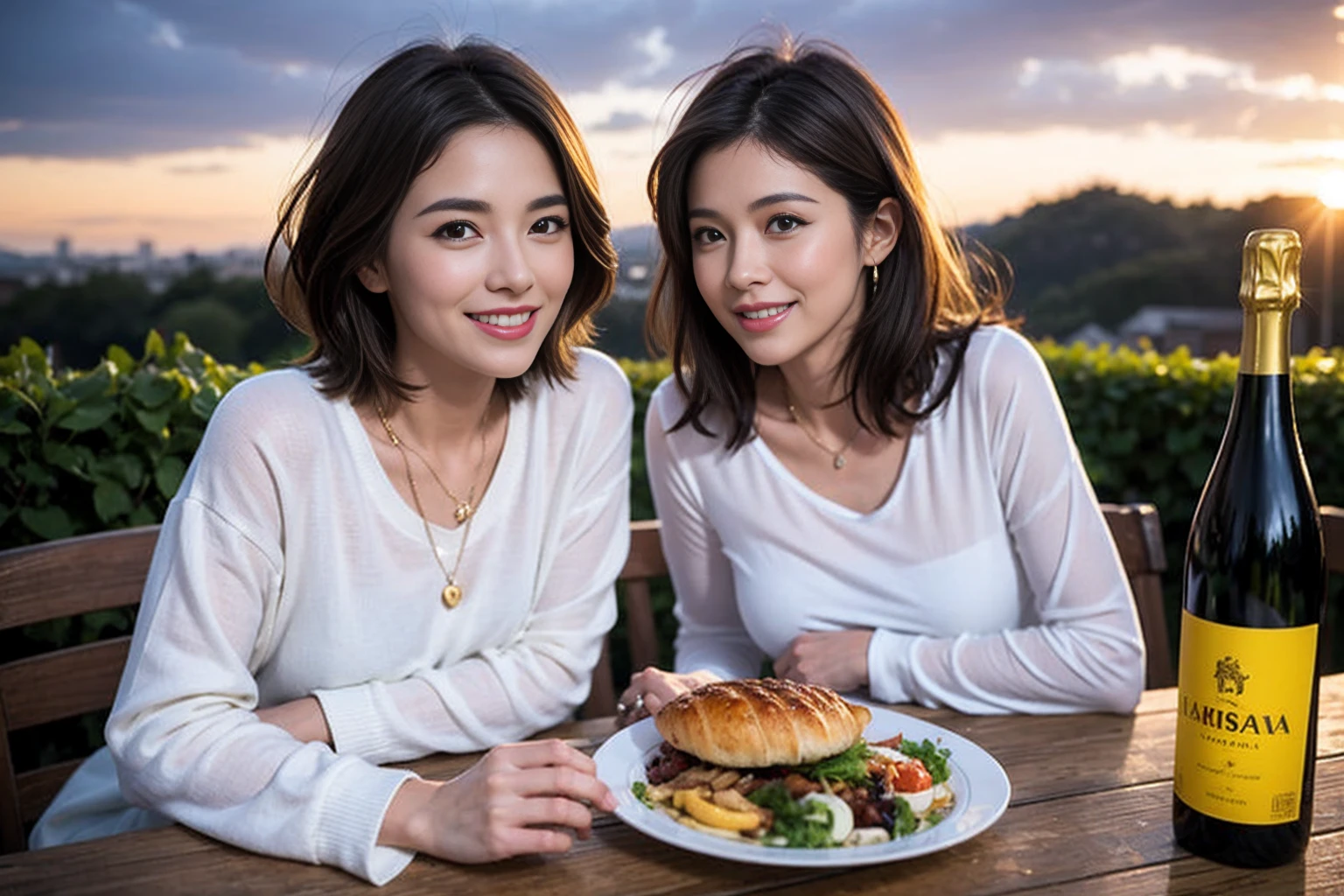 (Realistic:1.1),(masterpiece,Highest quality),8k,(44 years old), 47 years old, Lovers、Happy Couple、Model Couple、Actress/Actor、Tight waist,Upper Body,full-course dinner、wine 、Amazing view of the sunset sky and clouds、Perfect Anatomy, Brown Hair, short hair,Random Hairstyles,((Highly detailed face and eyes:1.2))(cute顔:1.4),Beautiful actress face,Perfect golden ratio face,Long sleeve shirt、dress,(smile:1.2)、Shortcuts、cute、(Realistic, Intricate details:1.2), A bright smile、short hair,Bright Face、赤wine 、Appetizers、Italian food、wine bottle、Champagne、スパークリングwine、(slimな顔), (The body is slim), (Brown Hair), (Shortcuts), Upper Body, 白wine, slim, wineグラス,