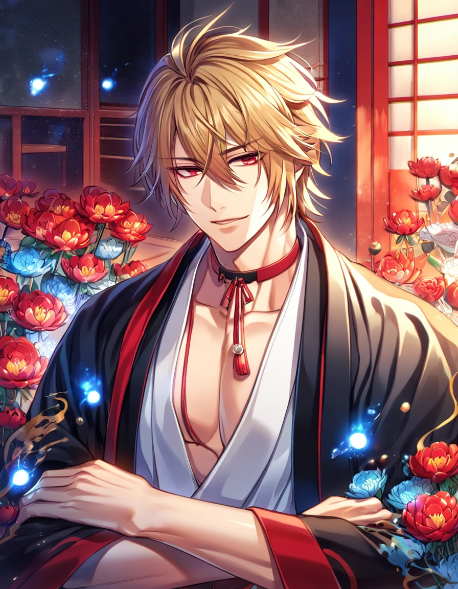 absurdres, highres, ultra detailed, HDR, master piece, Kazama Chikage, honey blonde hair, expressive red eyes, white kimono with red trim, black haori, red collar, Hakuouki, sexy man, room, handsome, best quality, red flowers, fantasy, magical, solo, blue shining fireflies, blue petals, sensual,