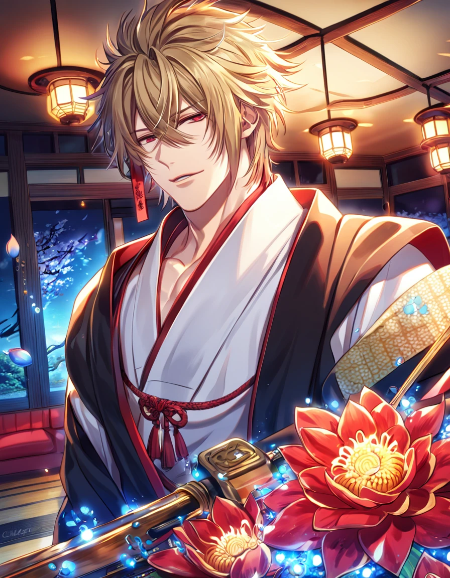 absurdres, highres, ultra detailed, HDR, master piece, Kazama Chikage, honey blonde hair, expressive red eyes, white kimono with red trim, black haori, red collar, Hakuouki, sexy man, room, handsome, best quality, red flowers, fantasy, magical, solo, blue shining fireflies, blue petals, sensual,