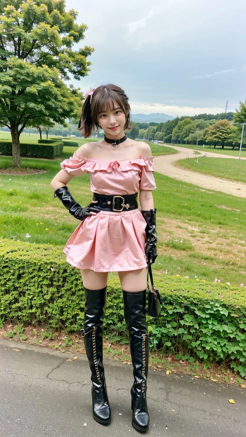 (8K、RAW Photos、Highest quality、masterpiece:1.2)、(Highest quality、Realistic)、1 Girl、((Tube top、Medium Hair、smile、Pink and black、Micro Tight Skirt、Thin legs、whole body、boots、garden、View from the front、Looking into the camera、Stand with hands on hips))、cute