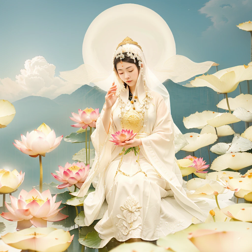 an ancient chinese woman in a white dress sitting on a lotus flower, guanyin, guanyin of the southern seas, close eyes, cloud, mercy buddha, female deity, white cloth covering head