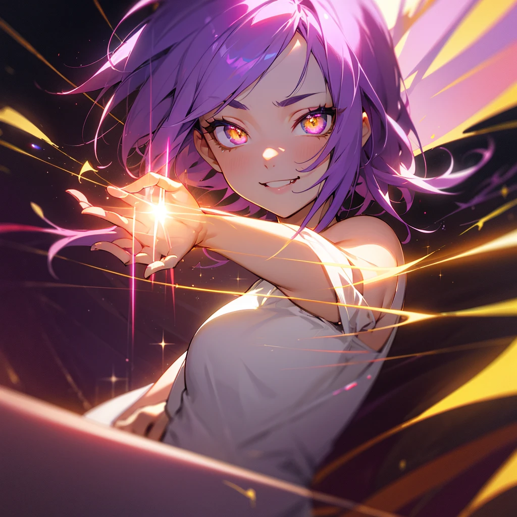 close up, neutral pose, energy aura, facing forward, glitchy effects, supernatural being, woman, naked, short hair, glowing, girl made of yellow fire, vibrant colour palette, forest, night, yellow body, star pupils, purple eyes, pink hair, smiling, multicolored eyes, body made of pure flame, pure energy body