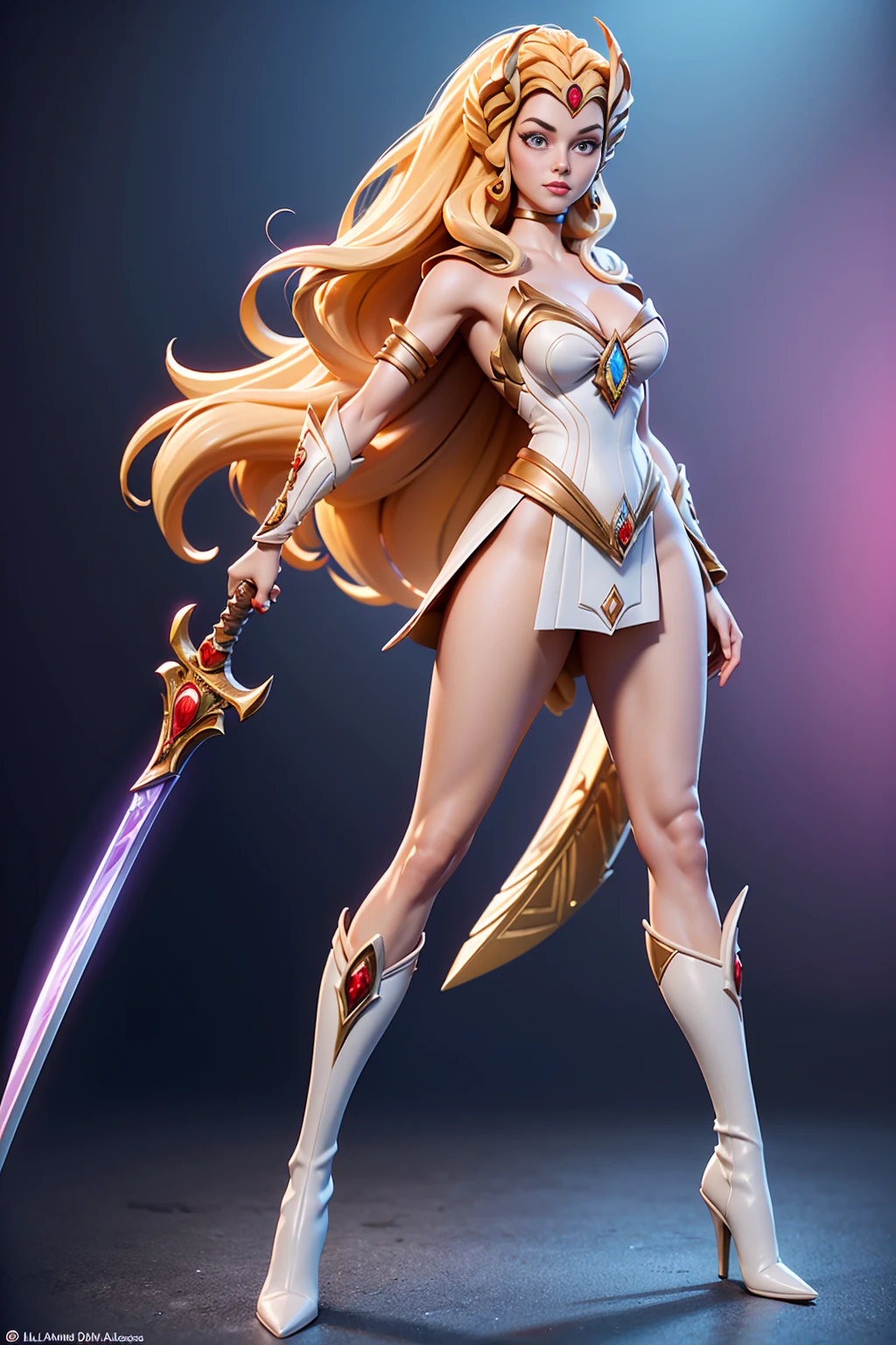 ((Full body photo,standing, feet on the ground))  Masterpiece, Ultra Detailed, Hard Drive, 8K, Photorealistic, 3dmm, !(a costumed woman holding a sword, She - RA, She-Ra, Powerful Girl, The Princess of Power, by Alan Davis, Intergalactic Princess, boots, Perfect Body , beautiful leaked image, giovanna day)
