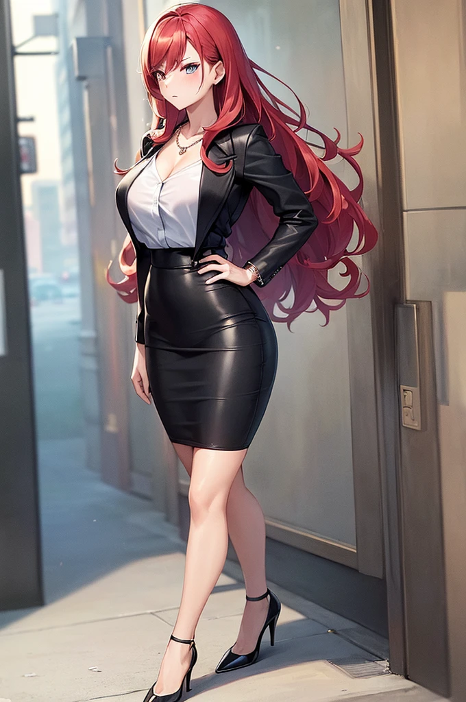 ((masterpiece, best quality, ultra-detailed)), 1girl, beautiful business woman standing in city back turned, smiling, blush, wearing pink blouse, blazer, bracelet, necklace, black midi pencil skirt, black suit skirt, heels, full body, wavy red hair, wide hips, hand on hip