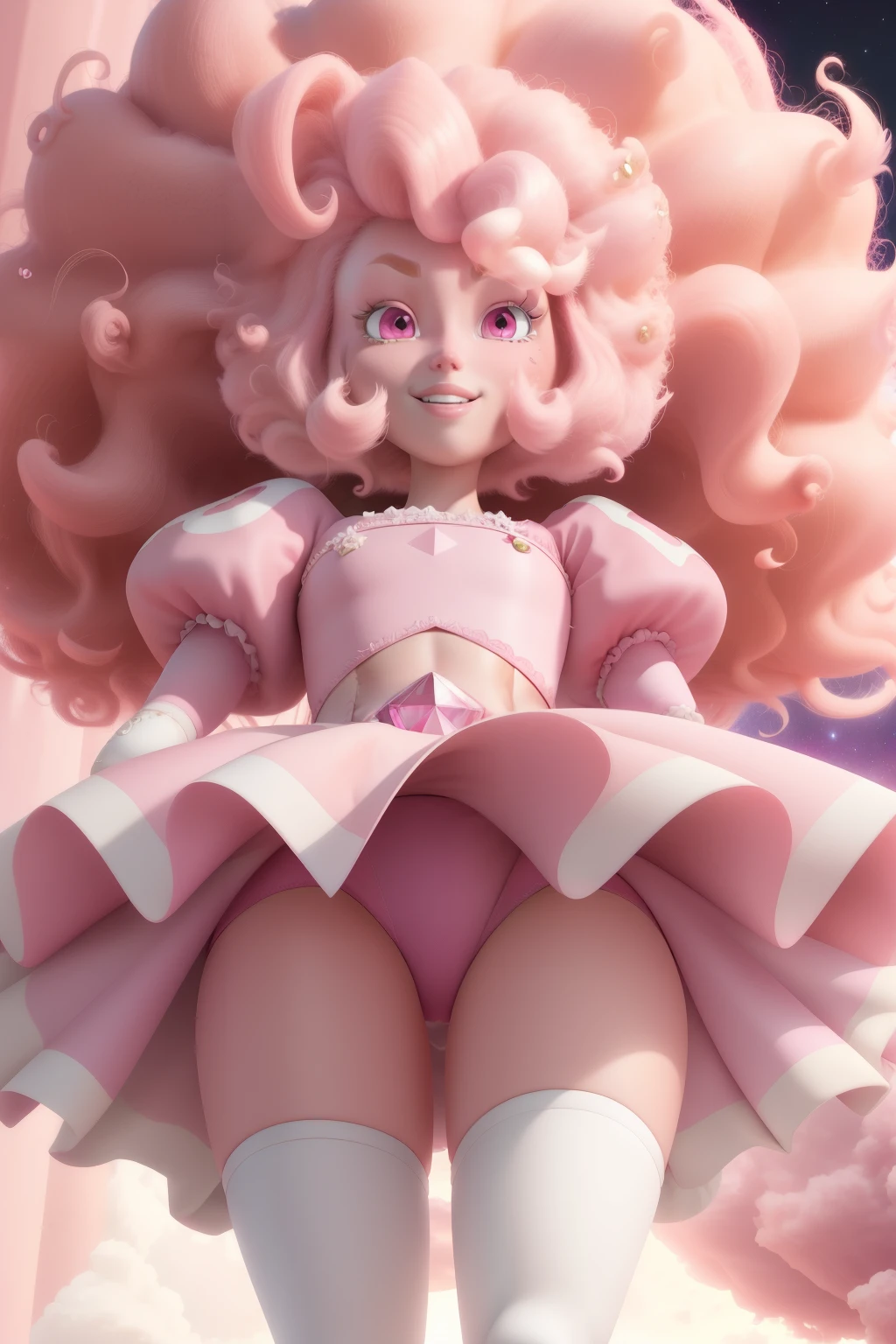 pnkdamond, pink hair, pink eyes, big hair, stomach gem, pink skin, toned,
puffy short sleeves, elbow gloves , white thighhighs, puffy dress,
standing, upper body,
outerspace,
(insanely detailed, beautiful detailed face,beautiful detailed eyes, masterpiece, best quality) cinematic lighting, smile,