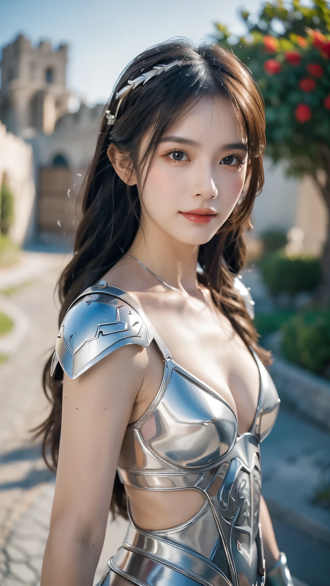 masterpiece, The best quality, Ultra-high resolution, High detail photo, Unity 8K Wallpaper, Extremely detailed CG:1.2), depth of field, bokeh, (RAW photo:1.realistic photography:1.4), (1girl:1.5), young, physically based representation, beautiful, (Finely detailed face:1.4, detailed clothing), (detailed:1.4) named (Eimi Fukada:1.1) BREAK Cara hermosa, depth of field, Add layer, hyperrealistic, 27 years old, perfect body model, perfect breasts, 175cm tall, pose sexy, full body, Whole body, Model Body Type, BREAK (extreme skin details:1.1), skin details, (Valkyrie silver plate costume:1.3), double eyelid BREAK smile, seductive pose, standing, standing outside, Santorini house, outdoor, Mediterranean style, (castle:1.3), (close up:0.3), feathers, floating feathers, french braids