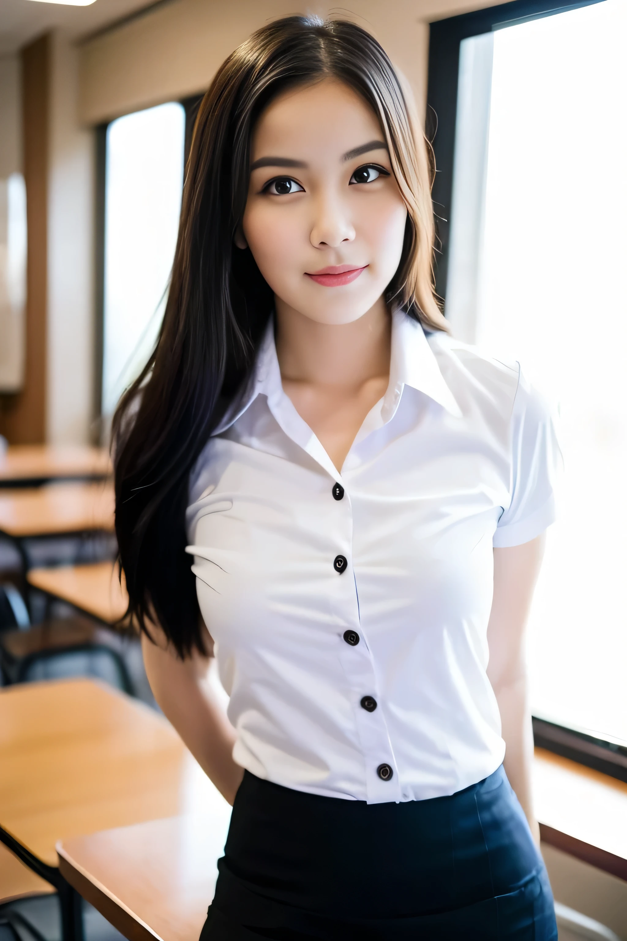 Close up,1 girl{{A beautiful girl wearing a white short-sleeved shirt and a black short A-line skirt}} stood in the classroom.  sexy poses  with several lecture tables set up behind it  There is a sliding glass window.  There was evening light streaming into the room.