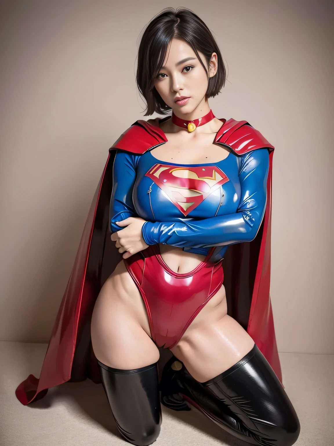 masterpiece、Rubber Supergirl Costume、short hair、Rubber Long Boots、Big and ample breasts、shiny sweaty skin、looking at the camera、choker、Long sleeve、Sexy poses to seduce、Off the shoulder、latex、From the front、Cute pose、High leg leotard、Cape、Glossy toes、Photo magazine cover、Boasting beautiful legs、wallpaper for pc、