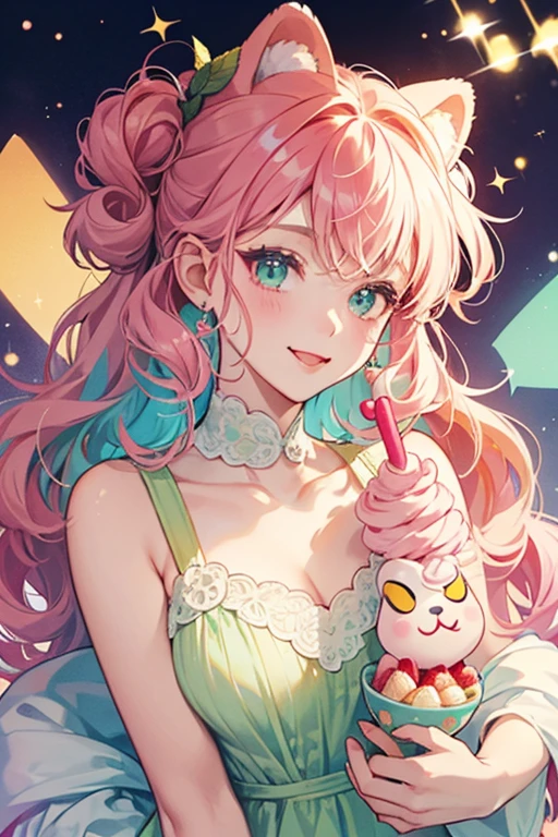 A pale yellow girl bear shaped like a cup or bowl with a winking face and a tongue sticking out. She has strawberry frozen yogurt on top of her head with a fuchsia curl curling out to resemble a single bang or forelock, adorned with two mint leaves. SPARKLE; GLITTER