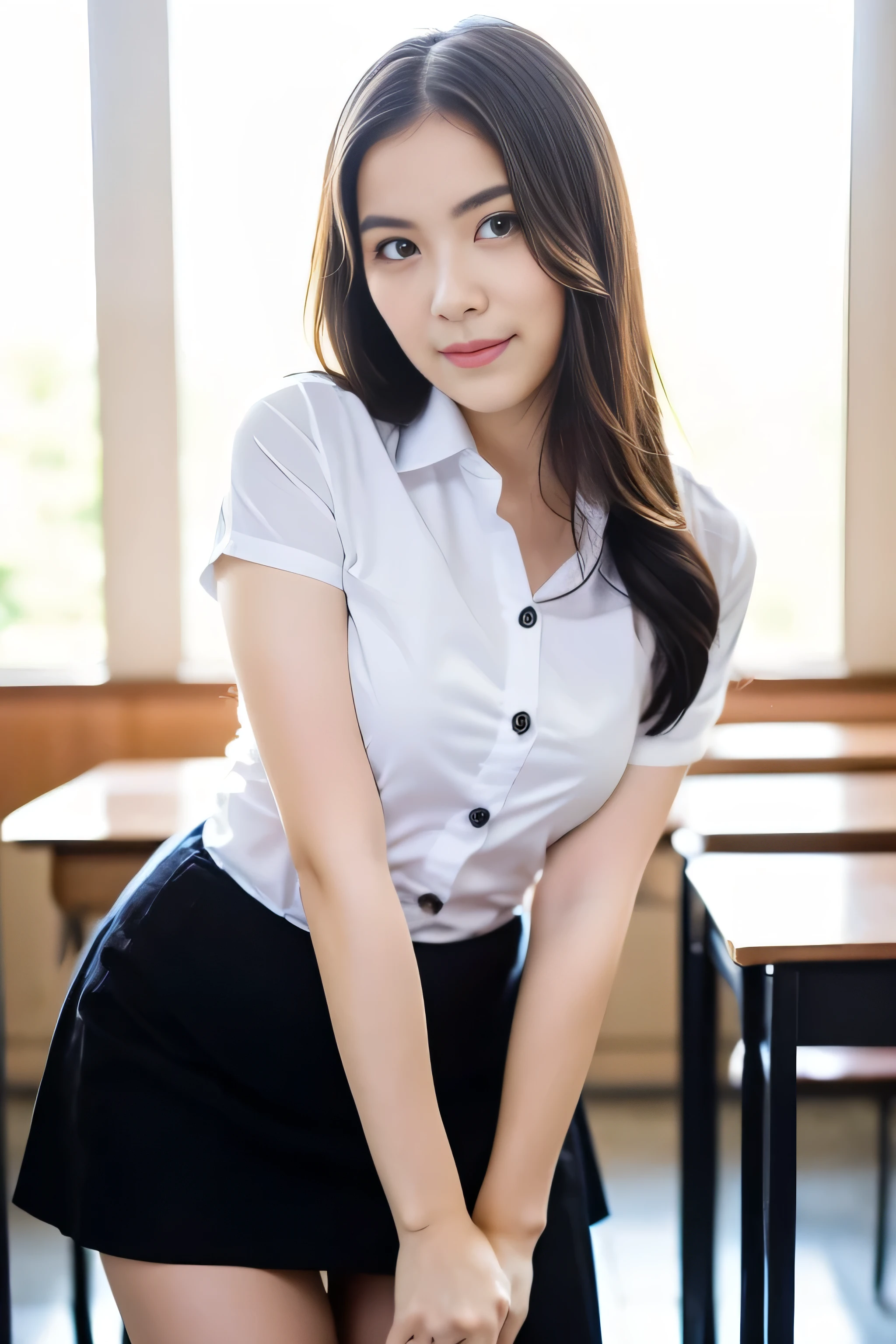 Close up,1 girl{{A beautiful girl wearing a white short-sleeved shirt and a black short A-line skirt}} stood in the classroom.  sexy poses  with several lecture tables set up behind it  There is a sliding glass window.  There was evening light streaming into the room.