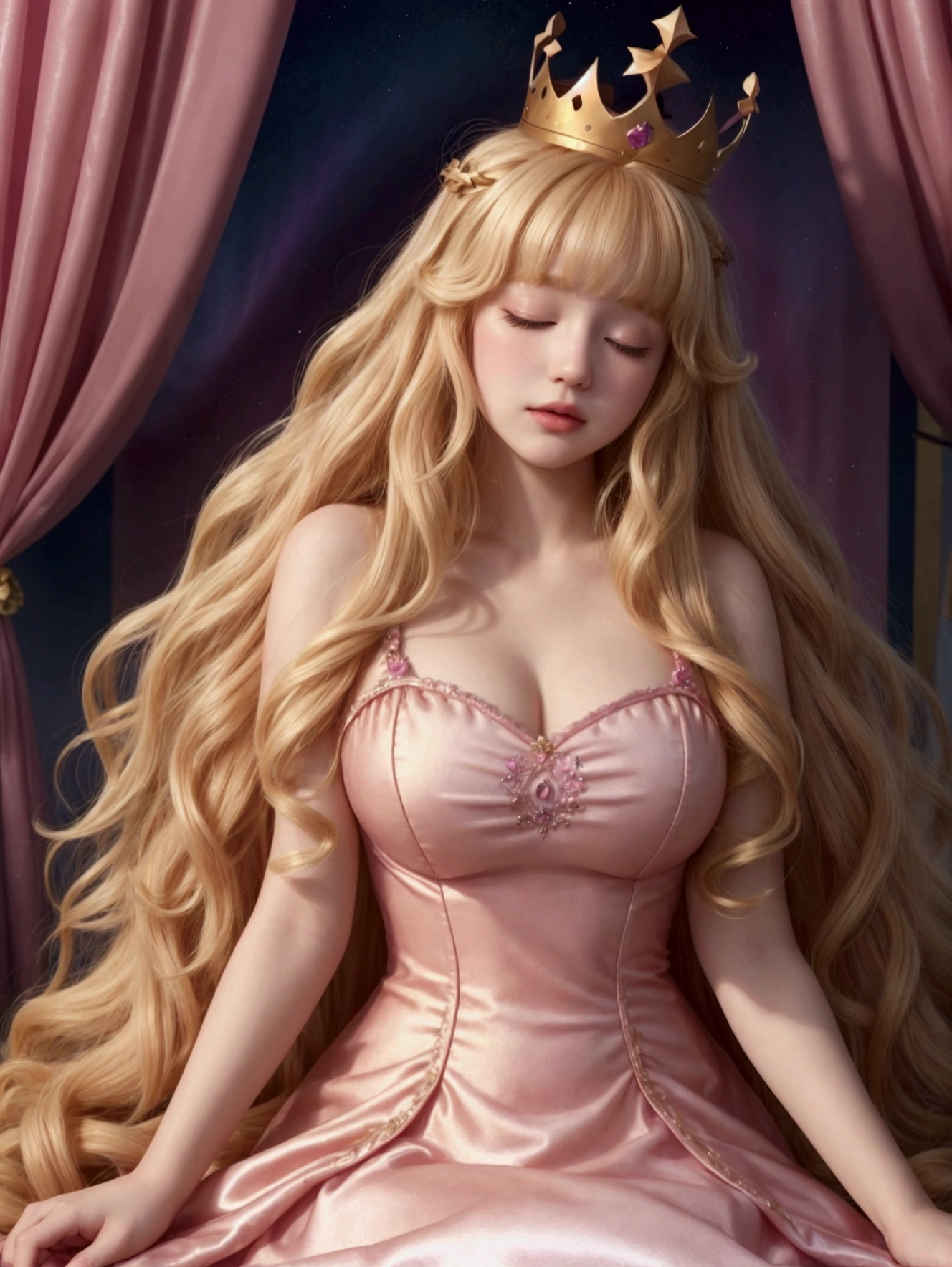 A girl with big blonde hair, short bangs, her hair has large curls at the ends and a golden crown, She wears a pink Aurora Sleeping Beauty dress