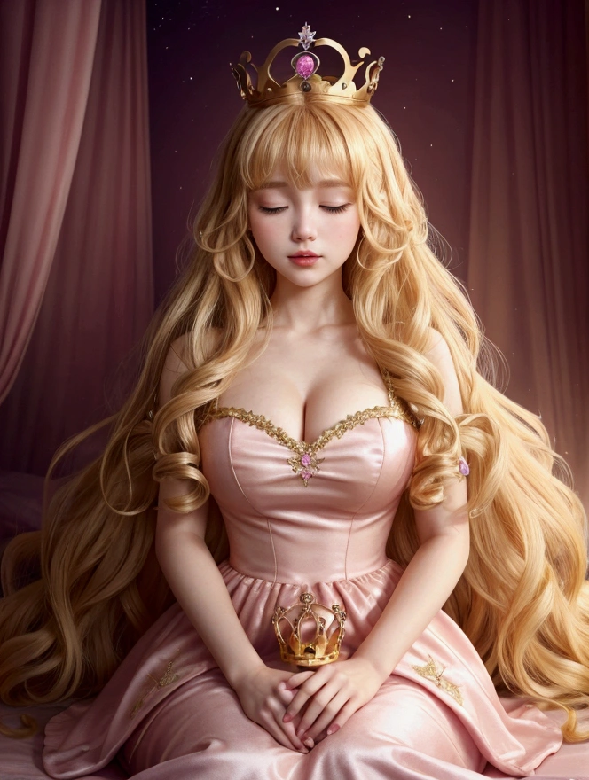 A girl with big blonde hair, short bangs, her hair has large curls at the ends and a golden crown, She wears a pink Aurora Sleeping Beauty dress 