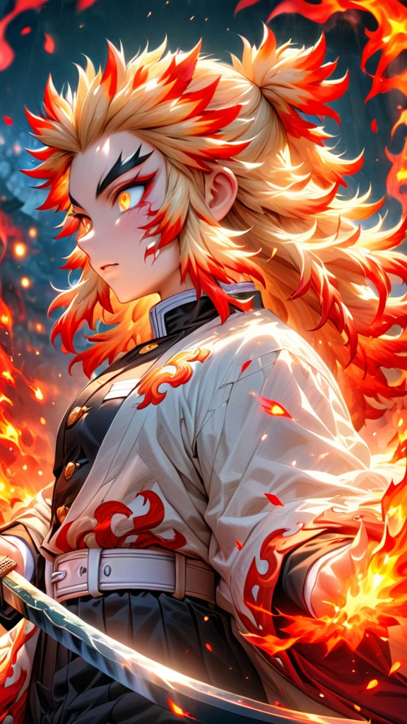 Ultra detailed, highres, absurdres, HDR, master piece, Rengoku Kyojuro, blond hair, expressive golden eyes, white haori with patters of flames, black demon slayer uniform, Kimetsu No Yaiba, fantasy, petals, red flowers, handsome, sexy man grabbing a sword, solo, magic, shining red fireflies, best quality, extremely detailed face and eyes, fire, grabbing a sword