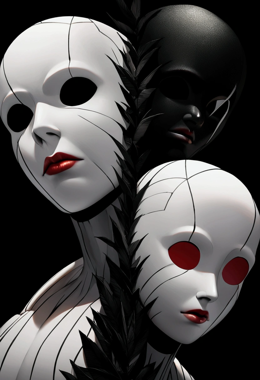 A terrifying image appears a half body of a completely black and white humanoid muscular man with a white mime mask with black marks on the mask, neutral expression divided in 2 by a black line with red lips without eyes and his shirt is black and white squares. white on a black background 