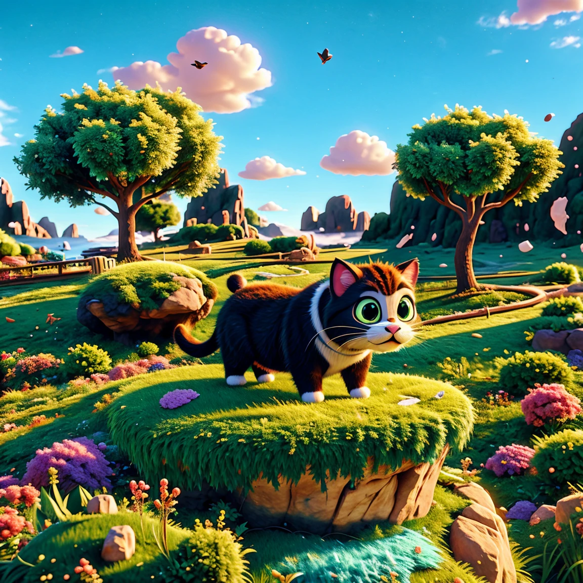 generate a cute cat with fur falling from a cliff . The scene uses ray tracing and octane rendering techniques for a wide-angle view, with disney-like textures and dynamic, animated lighting. This 3D artwork is created with C4D, OC rendering, and Blender, showcasing rich details and high quality.