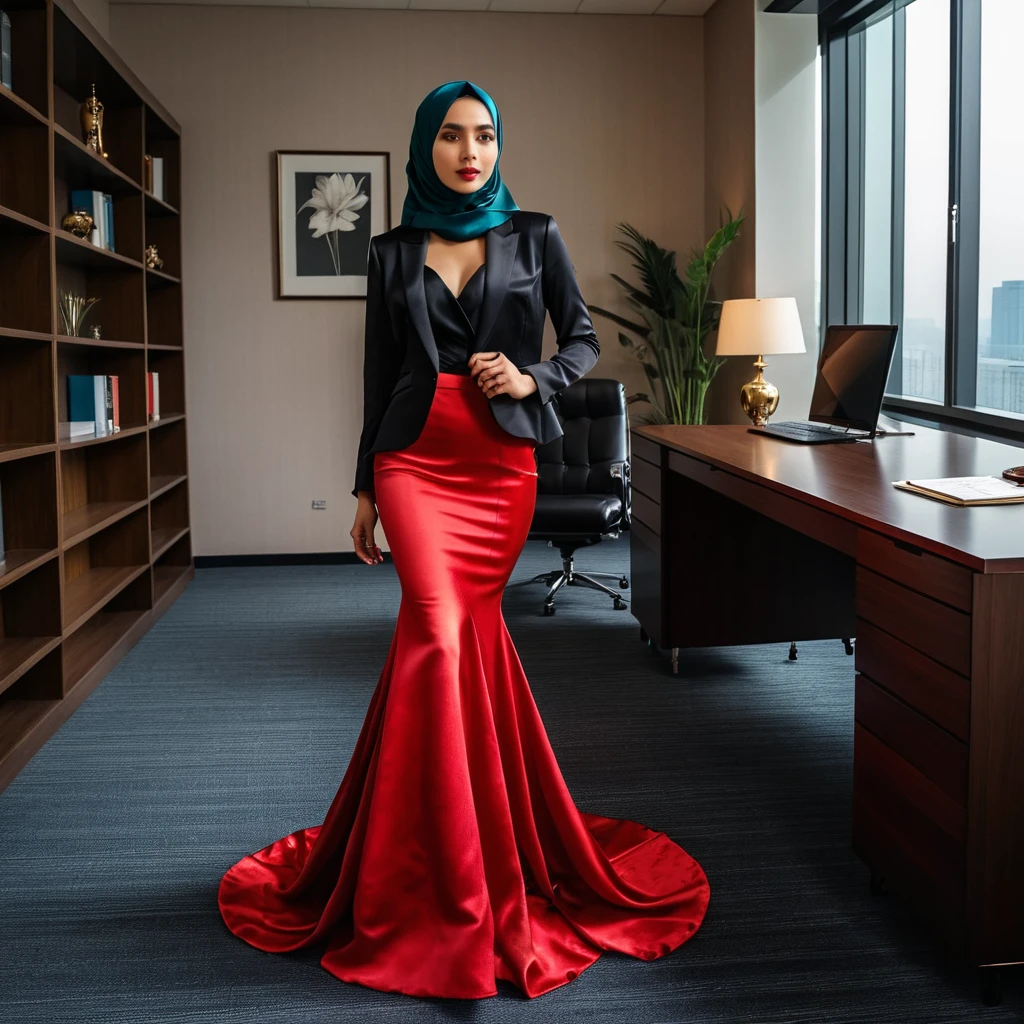 a woman in the mermaid long train silk red skirt,wear blazer, wear modern hijab, full body, long satin, red satin mermaid tight long skirt, flowy dramatic long gown, tall women, in office room, strugle to walk, wear high heels, masterpice