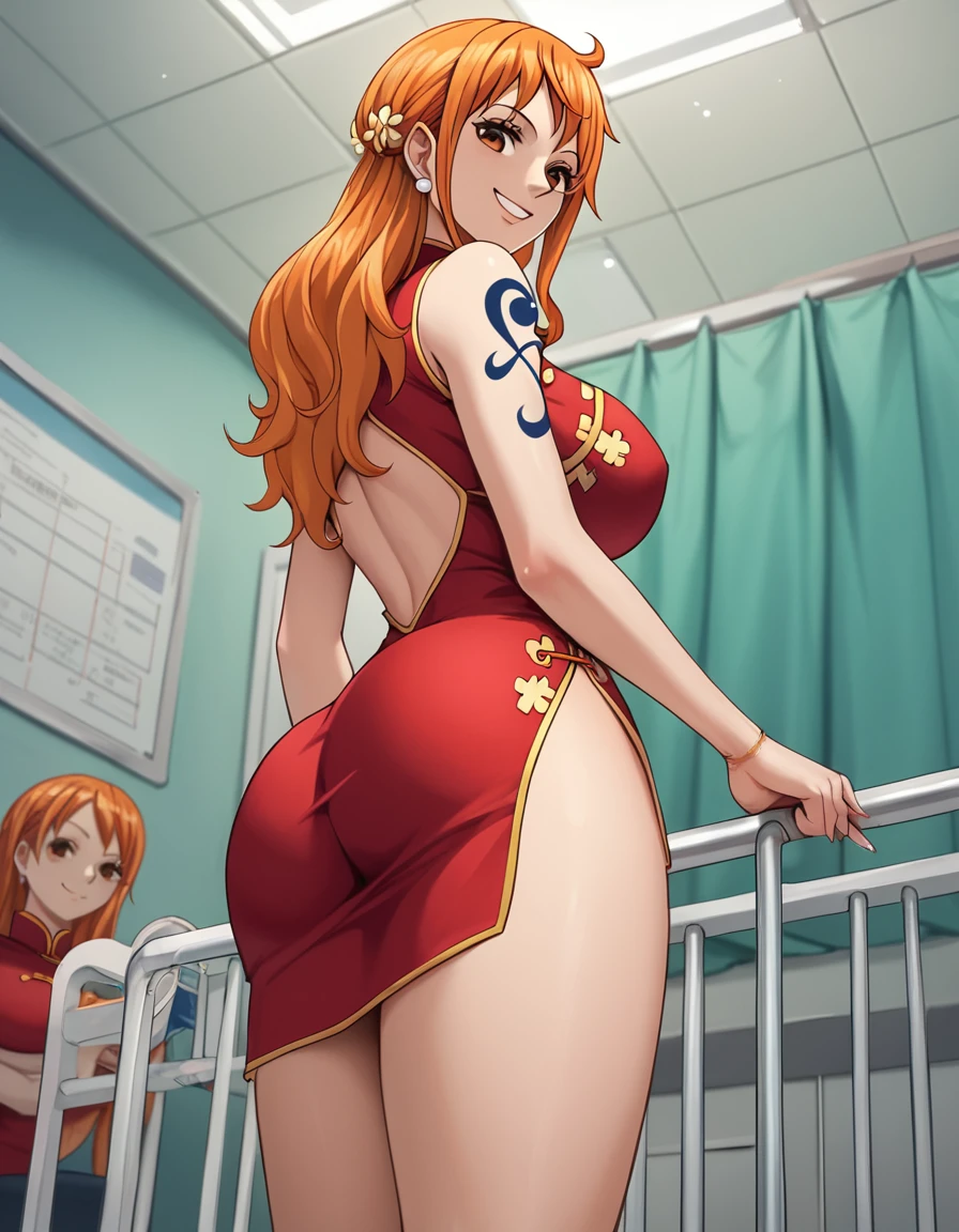 score_9, score_8_up, score_7_up, source_anime, best quality, clear face, Nami, orange hair, orange eyes, long hair, large breasts, perfect body, looking at viewer, smile, china dress, red clothes, in hospital, standing, dynamic angle, from behind, big ass, low angle, dark skin