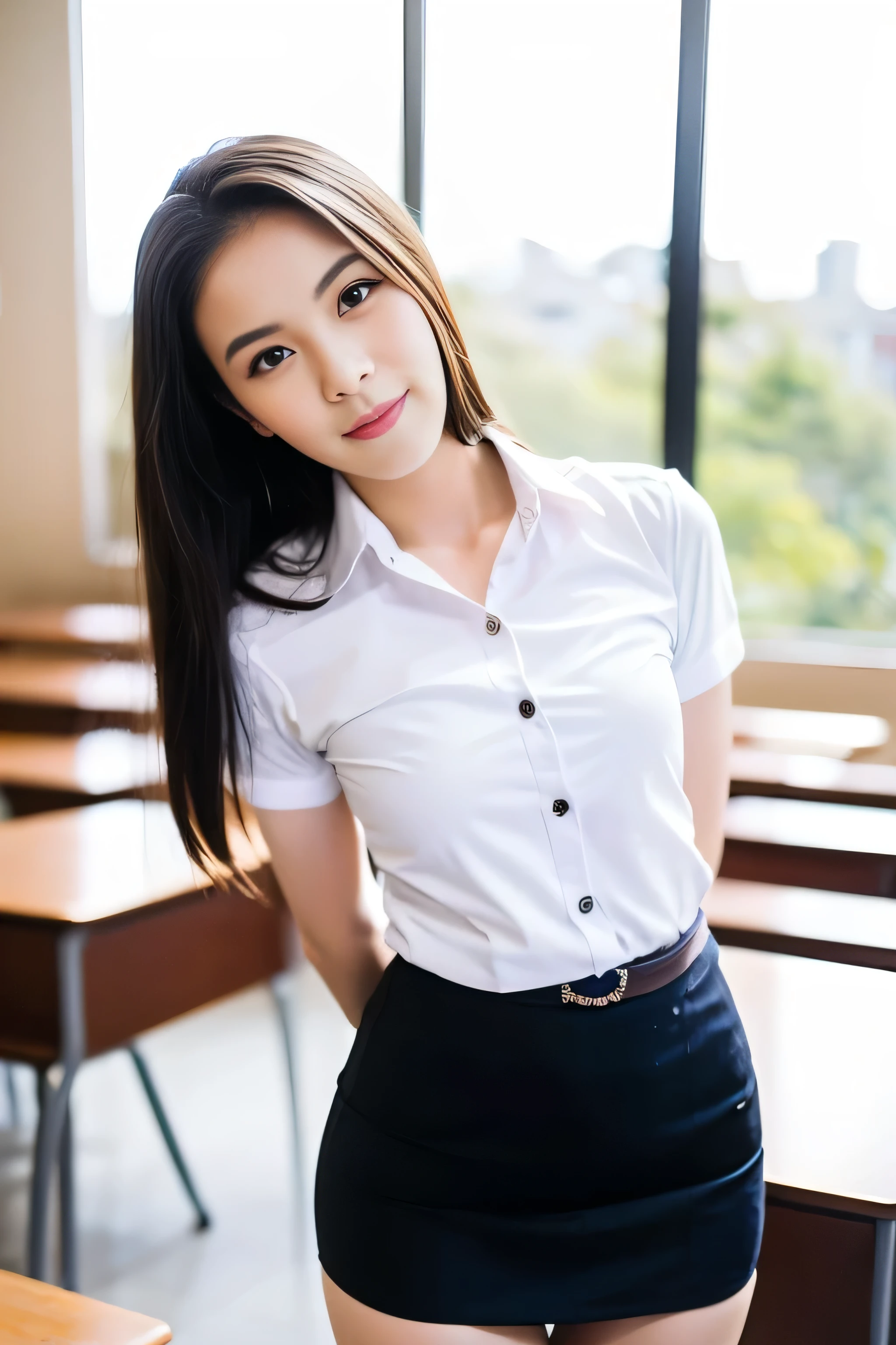 Close up,1 girl{{A beautiful girl wearing a white short-sleeved shirt and a black short A-line skirt}} stood in the classroom.  sexy poses  with several lecture tables set up behind it  There is a sliding glass window.  There was evening light streaming into the room.