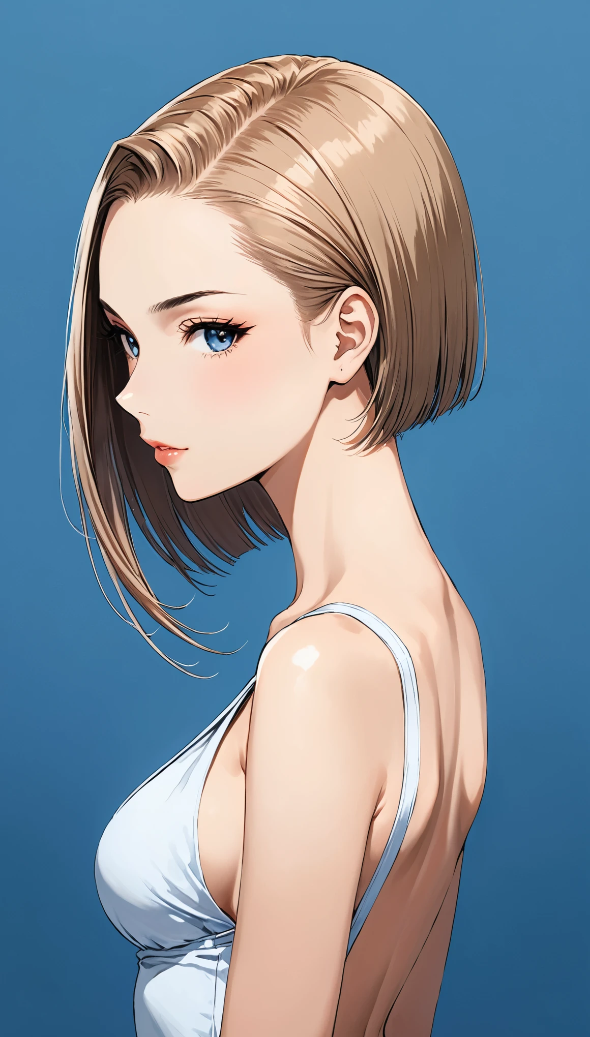 in style of Santiago Caruso,1girl,solo,Blue Background,big breasts,High Ponytail,Unbelievably long hair,looking at viewer,(Soft and straight short hair with long bangs:1.5),Simple style,wide angle,Dynamic Angle,Slanted screen composition,(bangs_pinned_back:1.5),(head_tilt:1.7),blush visible through hair,(cuvry body:1.8),Lively posture,