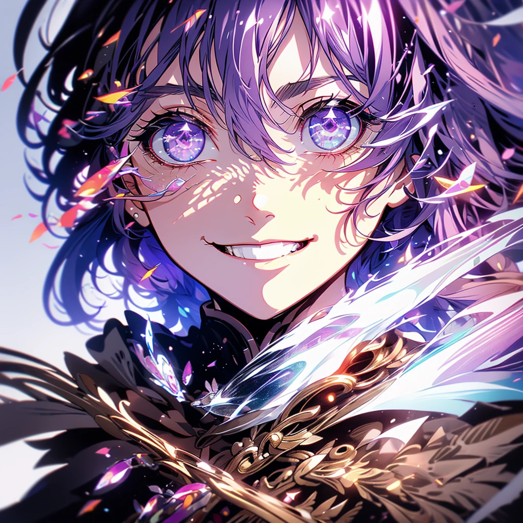 purple hair, colored inner hair, medium hair, shiny hair, yellow eyes, ringed eyes, longeyelashes, evil smile, fingersmile, seductive smile, naughty, happy, skin fang, raised eyebrow, Surrealism, Conceptual art, Surrealism, glowing light, sparkle, cinematic lighting, projected inset, cowboy shot, lens flare, 8k, super detail, UHD, masterpiece, accurate, accurate, textured skin, textured skin, high details, high quality, award winning, best quality, highres