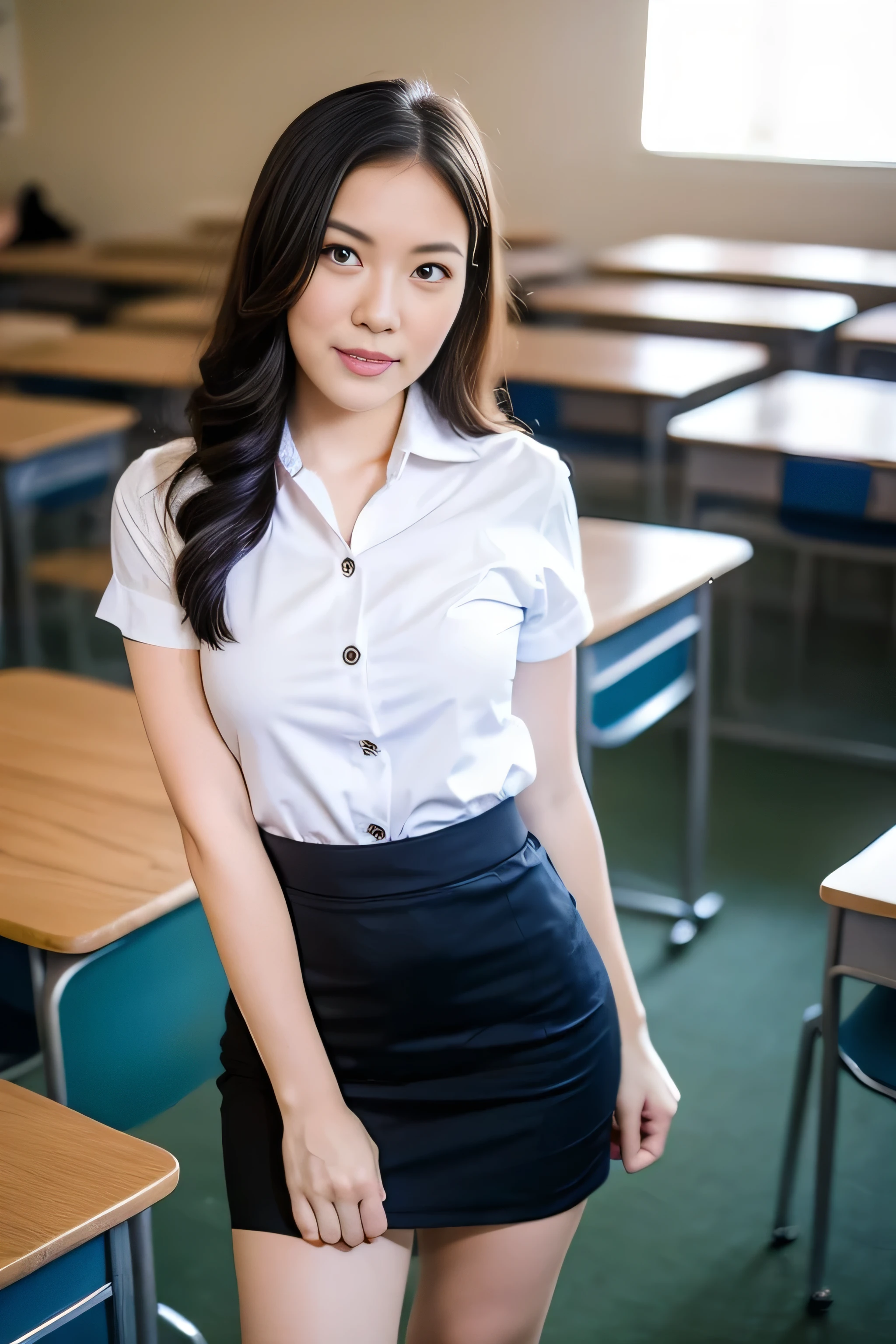 Close up,1 girl{{A beautiful girl wearing a white short-sleeved shirt and a black short A-line skirt}} stood in the classroom.  sexy poses  with several lecture tables set up behind it  There is a sliding glass window.  There was evening light streaming into the room.