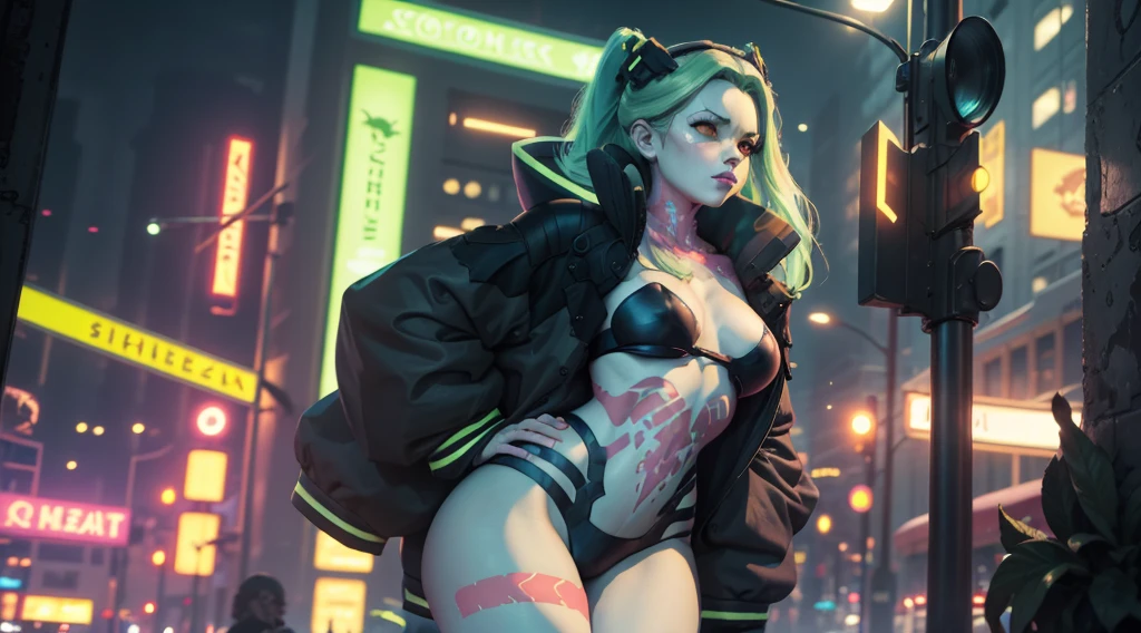 A striking image of a young very busty Rebecca, nude, naked, nipples, showing, standing in center photo, firm round ass, smooth hips, sexy long legs, great complexion, beautiful face, detailed eyes, the iconic anime character. She has long, green hair styled in loose waves and is wearing a revealing red very small string bikini and a bat symbol on the front. Her outfit includes thigh-high black boots. The lighting is bright and natural, highlighting the bold colors and details of her costume, as well as her confident and alluring expression. Art Styles: Cosplay Photography Realism Artists Referenced: Revy black lagoon Categories: Cosplay anime characters Elegant detailed luxury, neon lights, The artwork is rendered in an edgy and realistic style, with high attention to detail and sharp focus. The colors are vivid and contrasted, with a slight desaturation to create a moody atmosphere. shadowy highlights enhancing the overall composition. The medium used is a digital illustration, with a touch of photo-realistic elements to add depth and texture to the image. The final result is a masterpiece in ultra-high resolution, poster style, yellow neon lighting in the background,