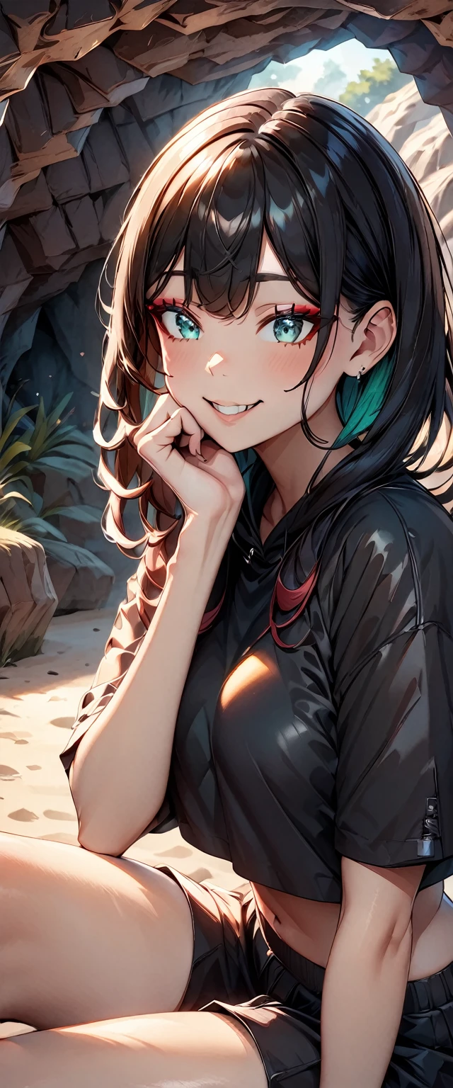 Photo of a girl with natural skin, ((Baby Face)), Grinning, Smiling, ((Tilt your head)), From the side, Round face, A girl wearing mainly black and red, ((Upper Body)), Beach cave, The light is shining in, High Twintails, Black hair with red mesh, Sharp eyes with red eyeshadow, Blue-green eyes, Shining eyes, A thin, upturned nose, Well-shaped lips, ((crop top overhang, Short sleeve, Black clothes, Thighs, Glamour body)), Makeup, Exquisitely crafted with the utmost attention to detail, Vibrant, amazing, Smooth, Cinematic, 4K, Backlight, (()), Shallow depth of field, ((Detailed eyes:1.3, Detailed lips:1.3, high quality, )), masterpiece, Super detailed images, High quality