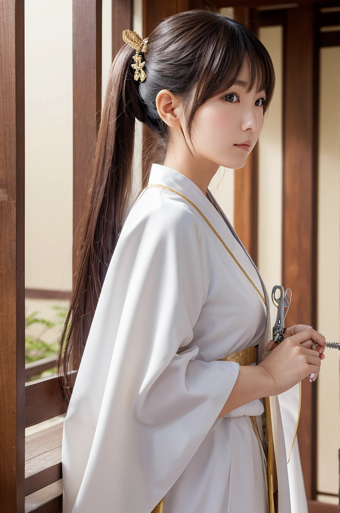 Japanese female priest、Wearing a white hunting costume、Sideways、Holding a pair of silver sewing scissors、Gold hair ornament on the back of the head、Dark brown hair、Straight Long Hair、In the temple grounds、Upper body close-up
