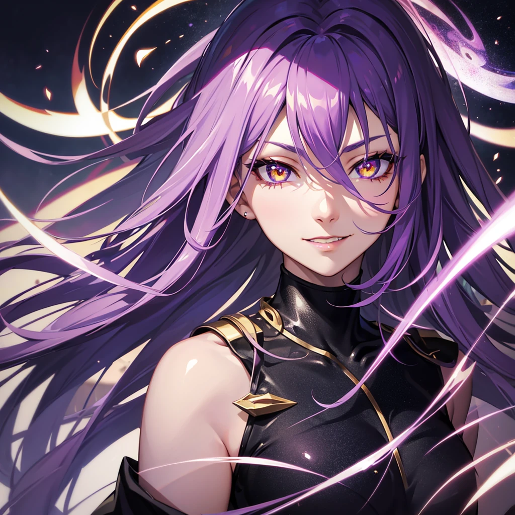 purple hair, colored inner hair, medium hair, shiny hair, yellow eyes, ringed eyes, longeyelashes, evil smile, fingersmile, seductive smile, naughty, happy, skin fang, raised eyebrow, Surrealism, Conceptual art, Surrealism, glowing light, sparkle, cinematic lighting, projected inset, cowboy shot, lens flare, 8k, super detail, UHD, masterpiece, accurate, accurate, textured skin, textured skin, high details, high quality, award winning, best quality, highres