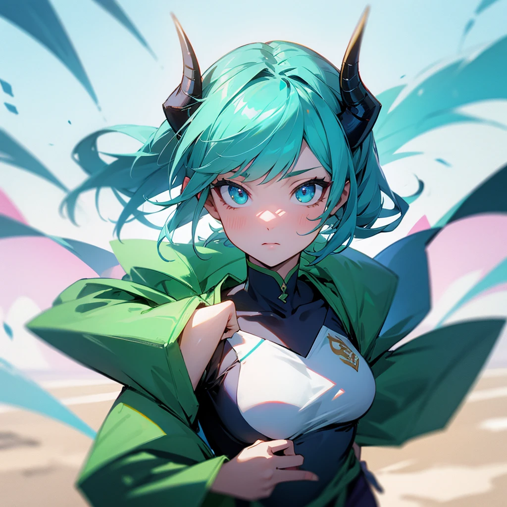dragon girl, in blue-green cheerleader clothes, with 2 crystalline horns, beautiful eyes, in a beach