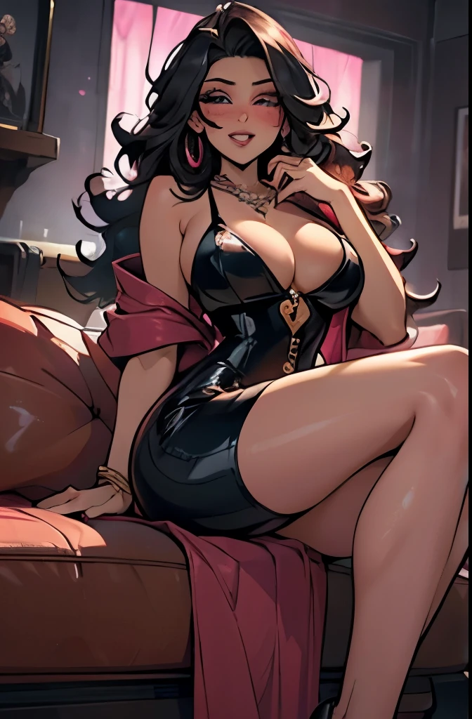 full body, extreme curls hair, luxurious hair, lustful eyes, open mouth smile, aroused 25 years old, playfully aroused, dripping with desire, busty cleavage, slim waist, posing by the sofa, coy smile with open parted lips, (blushing:1.3), looking lovingly at the viewer, seductive eyes, facing the viewer, livingroom background, arms out (pov), glowing eyes, necklace, earrings, nsfw,