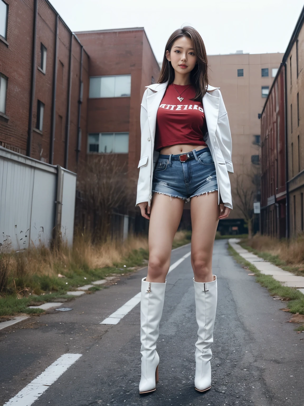 masterpiece,highest quality,High resolution,Full Body View,White jacket,Red innerwear,Belly button,Belted denim mini shorts,The heroine in white long boots with high heels,Perfect Legs,Perfect Skin,Perfect Arms,Abdominal muscles,The background is an abandoned factory