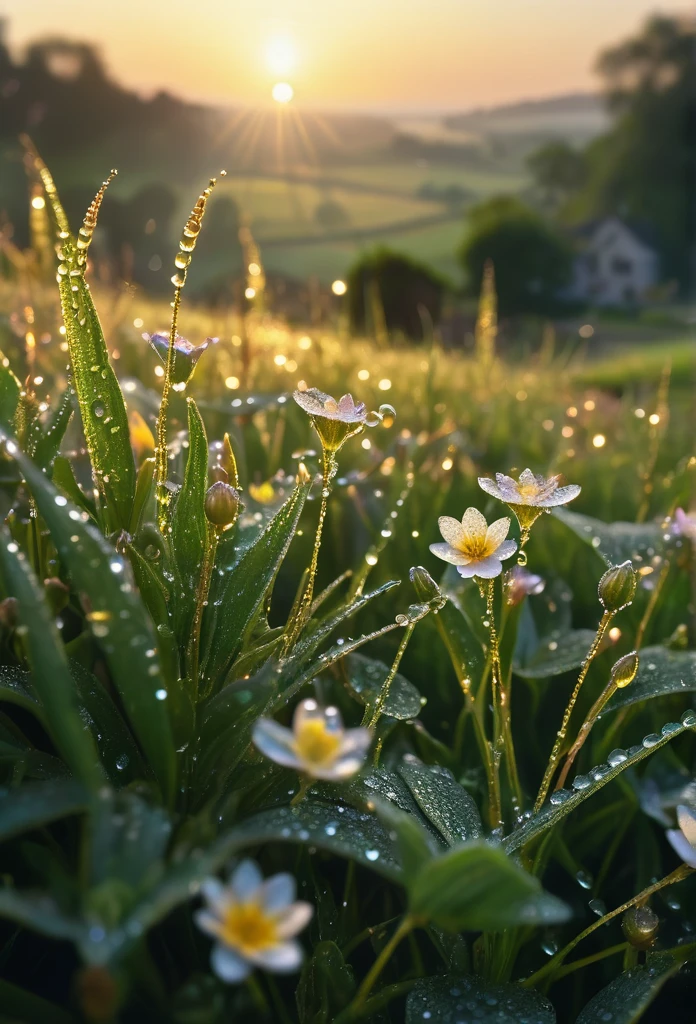 a beautiful morning sunrise, delicate flowers with dew drops, breathtaking landscape, serene and tranquil atmosphere, golden sunlight, soft natural lighting, highly detailed, 8k, photorealistic, cinematic, dramatic lighting, vibrant colors, lush greenery, picturesque countryside, romantic and ethereal, masterpiece