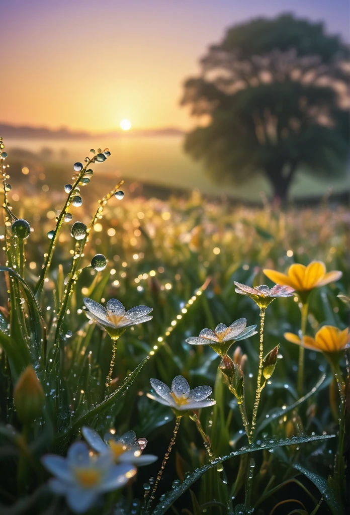 a beautiful morning sunrise, delicate flowers with dew drops, breathtaking landscape, serene and tranquil atmosphere, golden sunlight, soft natural lighting, highly detailed, 8k, photorealistic, cinematic, dramatic lighting, vibrant colors, lush greenery, picturesque countryside, romantic and ethereal, masterpiece