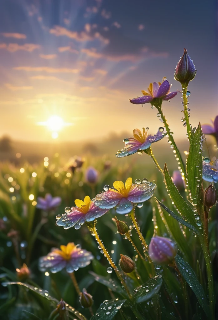 a beautiful morning sunrise, delicate flowers with dew drops, breathtaking landscape, serene and tranquil atmosphere, golden sunlight, soft natural lighting, highly detailed, 8k, photorealistic, cinematic, dramatic lighting, vibrant colors, lush greenery, picturesque countryside, romantic and ethereal, masterpiece