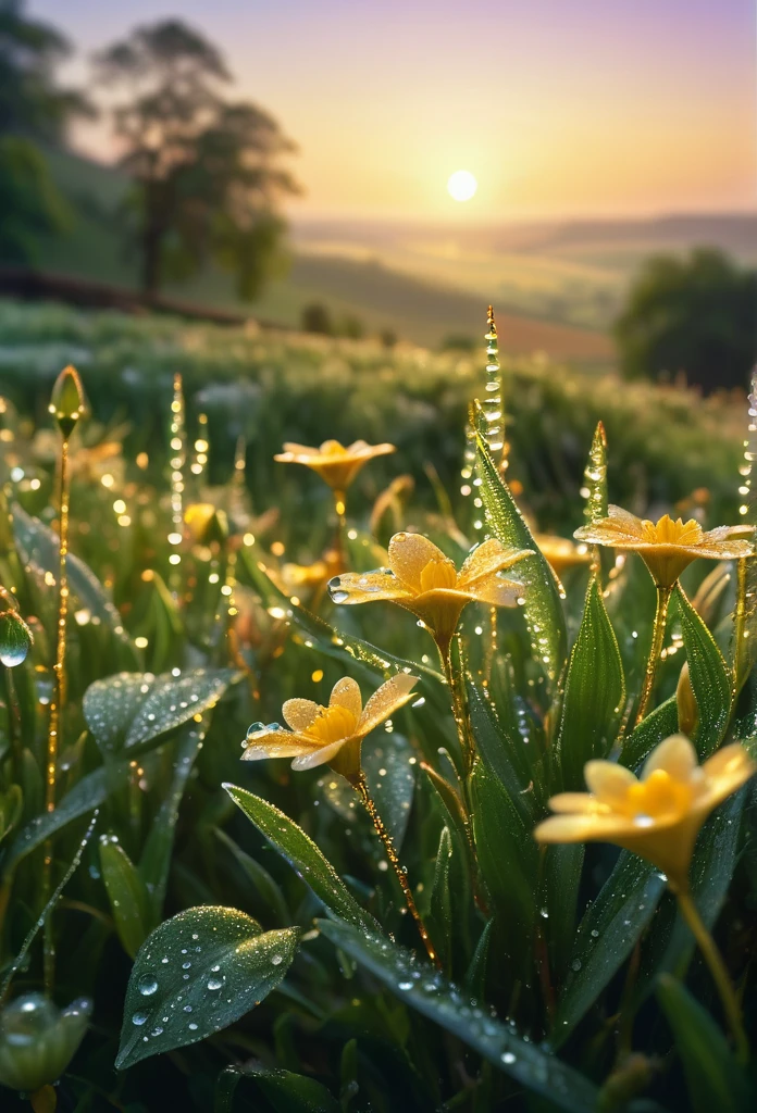 a beautiful morning sunrise, delicate flowers with dew drops, breathtaking landscape, serene and tranquil atmosphere, golden sunlight, soft natural lighting, highly detailed, 8k, photorealistic, cinematic, dramatic lighting, vibrant colors, lush greenery, picturesque countryside, romantic and ethereal, masterpiece