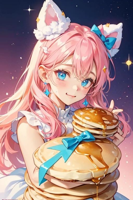 A stack of slightly tilted pancakes covered with thick white icing. Three sprinkles adorn the side, including one of sky blue, pink, and orange. A dripping pink bow rests at her ears. She makes a winking face. SPARKLE; GLITTER
