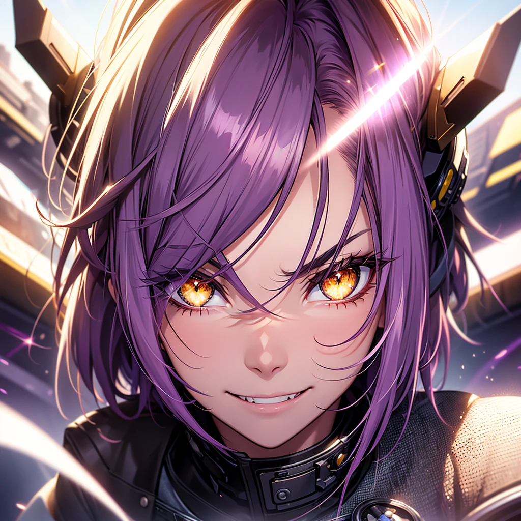 purple hair, colored inner hair, medium hair, shiny hair, yellow eyes, ringed eyes, longeyelashes, evil smile, fingersmile, seductive smile, naughty, happy, skin fang, raised eyebrow, Surrealism, Conceptual art, Surrealism, glowing light, sparkle, cinematic lighting, projected inset, cowboy shot, lens flare, 8k, super detail, UHD, masterpiece, accurate, accurate, textured skin, textured skin, high details, high quality, award winning, best quality, highres