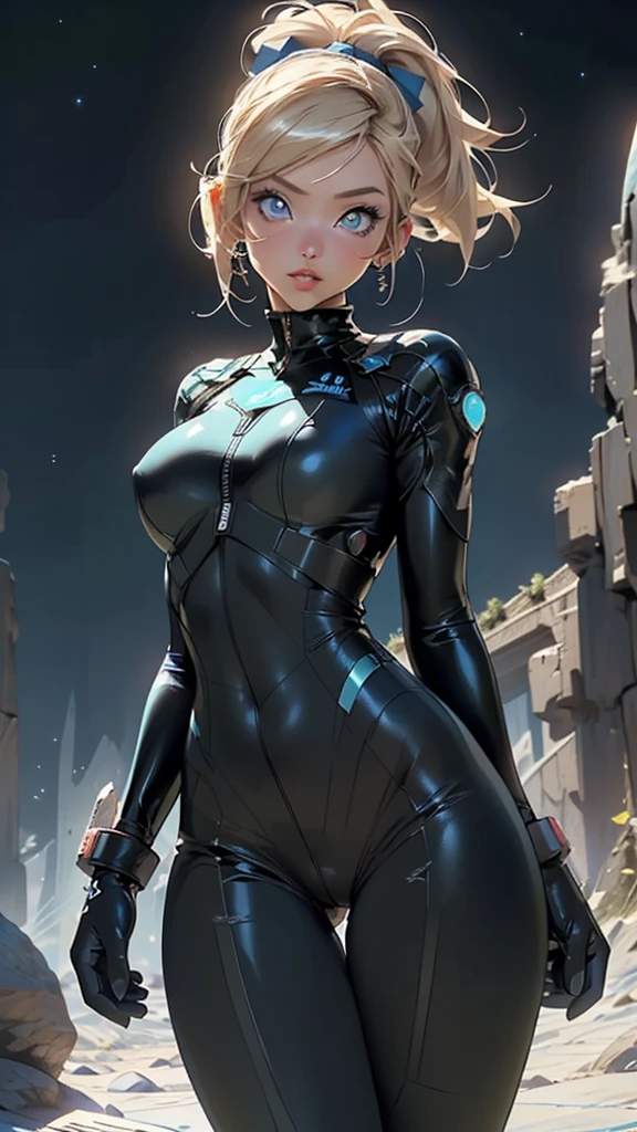 (((Samus Aran))),girl,1girl,metroid,Star Warrior Woman,sexy Samus Aran,
(large breasts:1.5),busty,close-up of the chest,((((ponytail, hair bow,blonde hair,high ponytail,)))),(((blue_eyes:1.3,blue pupils))),intricate eyes,beautiful detailed eyes,symmetrical eyes,((((tan,dark skin,black skin:1.35,dark-skinned_female,dark skin:1.3,ebony skin,lustrous skin:1.5,bright skin: 1.5,shiny skin,very shiny skin,shiny body)))),(spider lower abdomen,narrow waist,wide hip,athletic body,inflated legs,thick thighs),(((detailed face))),beautiful detailed lips,perfect face,pretty face,(((adult))),big thighs, shapely thighs,
cute,slutty,sensual,seductive look,seductive,((erotic)),(((nsfw))),sexy facial expressions,seductive facial expressions,
blue bodysuit,((wears her tight light blue latex bodysuit)),wears tight clothing,dressed in a blue bodysuit,blue bodysuit,
dynamic and seductive pose,looking at viewer,embarrassed,centered,scale to fit dimensions,Rule of thirds,
((Fantastical Bridge Ancient:1.5, dark stone-built, Glowing blue:1.5)),((Starry sky,Unknown constellations)),(Night, Silence,Mystery),((Dark tones in the background)),((broken earth,asteroid field:1.5)),(jagged dark rocks boulders and debris shooting into the air:1.3),Extraterrestrial scenery,dark asteroid belt,surrounded by several dark asteroids glowing with fiery auras, vast and mysterious universe,cosmic landscape,mysterious planet,scenery:1.25,((intricate scenery)),(black background, stars that do not shine, sense of space),
(Glossy Ancient ornaments),highres,sharp focus,(ultra detailed,extremely detailed),(photorealistic artwork:1.37),(extremely detailed CG unity 8k wallpaper),(((vibrant colors,vibrant theme))),(intricate),(masterpiece),(best quality),artistic photography,(photography taken by sldr),(intricate background),perfect rendered face,perfect face details,realistic face,photo realistic,((intricate detail)),(((realism))),