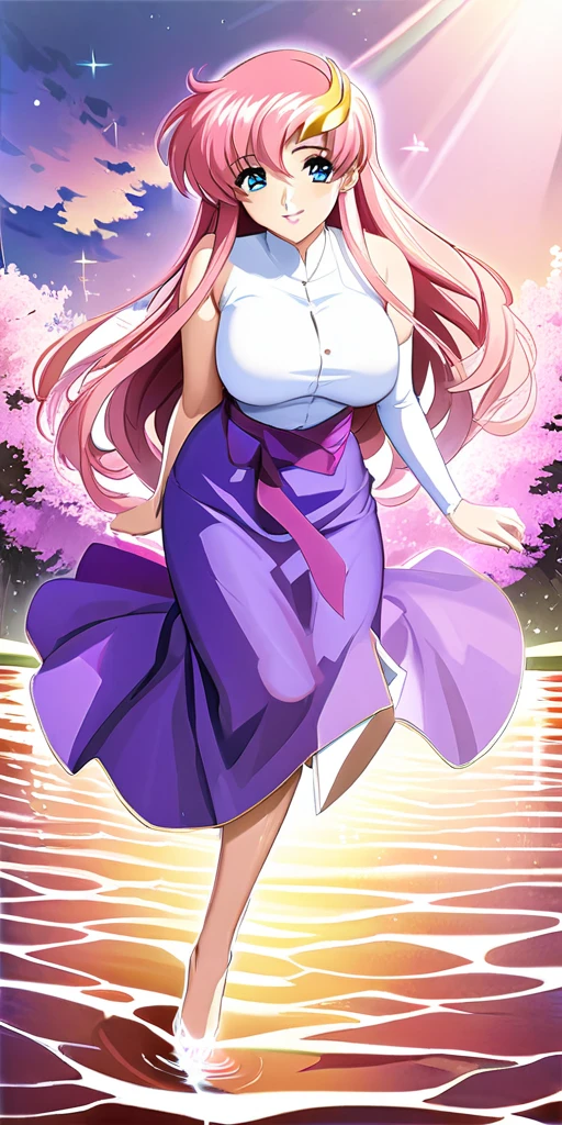 64k,超High resolution,超Highest quality,masterpiece,Hyperrealistic,Full body photo,Full body angle,Whole Body Ezbian,Surreal,Very detailed:1.3,Ultra-realistic:3.0,masterpiece,Detailed eyes,Detailed skin,Detailed face,Shiny skin,Detailed Hair,White skin,Perfect lighting,Glossy Lips,wallpaper,京都animeーション, animeカラーリング ,Produced by Sunrise,BANDAI NAMCO,Klein Lake,GundamSEED,2024 Era \(style\),masterpiece, Highest quality, High resolution, anime, Lacus 1, One girl, alone, Pink Hair, Straight hair, hair ornaments, White sleeves, blue eyes, White Dress, Purple Skirt, Long skirt,Dress,Swimsuit,Yukata, Very long hair, Bare shoulders, Large Breasts, smile, Gundam, In the water lake,retro artstyle,