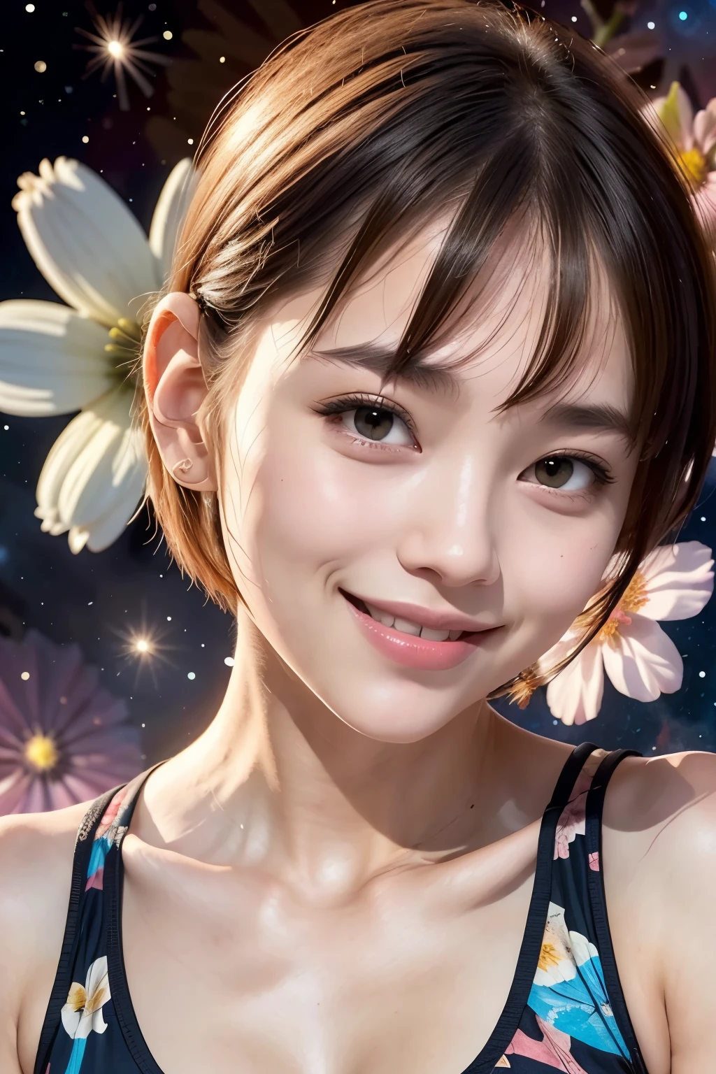 258 19-year-old female, (short hair),(Abstract background,universe), smile, flower