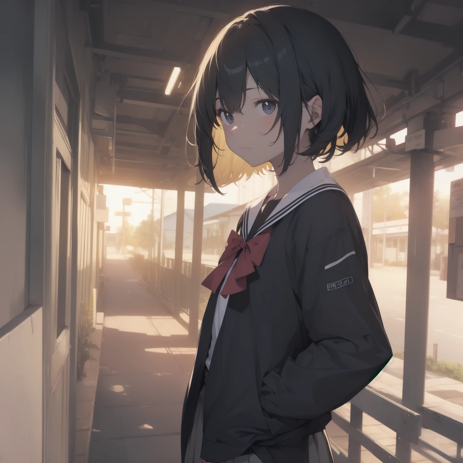 ultra-absurdres-Top quality by artist God, ultra-detailed, high resolution, anime moe artstyle, best anime 8k konachan wallpaper, pixiv contest winner, pool:2810, perfect anatomy,break, 1girl, (Please draw a girl walking sleepily to school alone. )break,(Solo,little female, 13-year-old:1.3),Full limbs, complete fingers,a junior high school student, (very short hair), short cut, flat chest, , small butt, small black eyes, beautiful detailed eyes, well-proportioned iris and pupils, expressive eyes, highres detailed hair, soft expression, salor school_uniform, sailor collar, serahuku, bow, pleated skirt,(Detailed Lighting), (Detailed background), in the School commute route. break,super detailed skin, Best cinematic lighting powered by famous artist, 8k,beauty illustration,photoshop_(medium),very aesthetic,break,((artist:anti_(untea9) )), artist:clamp ,artist:carnelian ,artist:kantoku ,