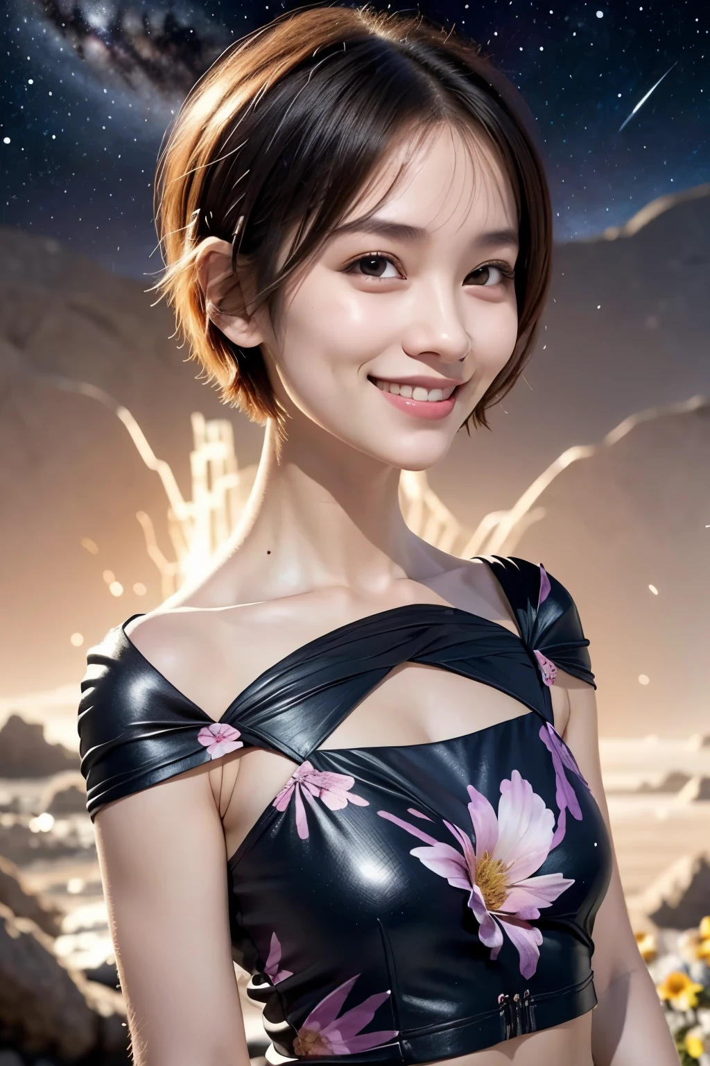 258 19-year-old female, (short hair),(Abstract background,universe), smile, flower