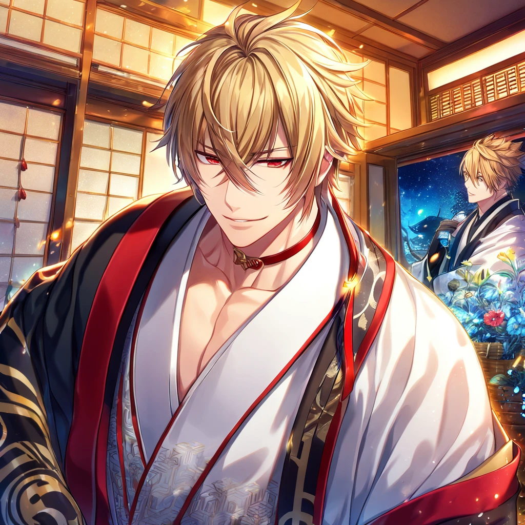 absurdres, highres, ultra detailed, HDR, master piece, Kazama Chikage, honey blonde hair, expressive red eyes, white kimono with red trim, a dark-brown collar with yellow and red trim, black haori with yellow trim, Hakuouki, sexy man, room, handsome, best quality, red flowers, fantasy, magical, solo, red shining fireflies, blue petals, sensual, handsome smile