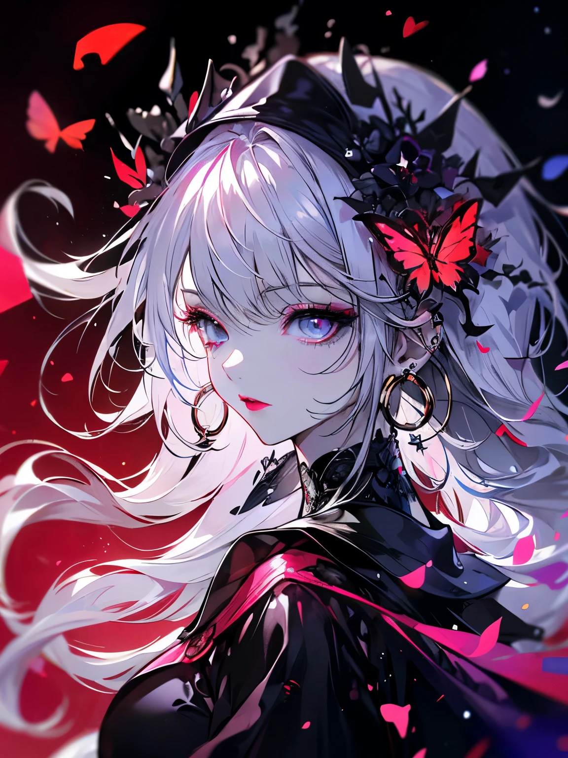 (((Very detailed, 8K quality))),,Hair above one eye, Red eyes, Clear Eyes, choker,Dark atmosphere,Nuns,Silver Hair,Long Hair,Eye patch,Prayer Pose,Only the upper body is shown,Red butterflies flutter,Red Moon,night,Dark Clouds,Vampire Hunter,nails are red,Wear a black lace veil,View from the front ,Anime Style, Movie Portrait Photography,,椅子にsit、Red eyesの背景, Big and ample breasts,, (Scarlet Hair), Long Hair, Purple eyes,  (Natural skin texture Sharp details, Surreal, (Realistic eyes, Natural skin texture, Realistic facial details), Written boundary depth, Bokeh, Sharp details, Surreal, 35mm film, Blurred, ,lipstick, ear piercing, eye shadow, Hoop Earrings, Red pink lips, 多色のRed eyes, Purple Theme,Wear an iridescent aura,Beautiful Eyes,Standing in front of the red gate、Leaning forward,drooping bangs,sit