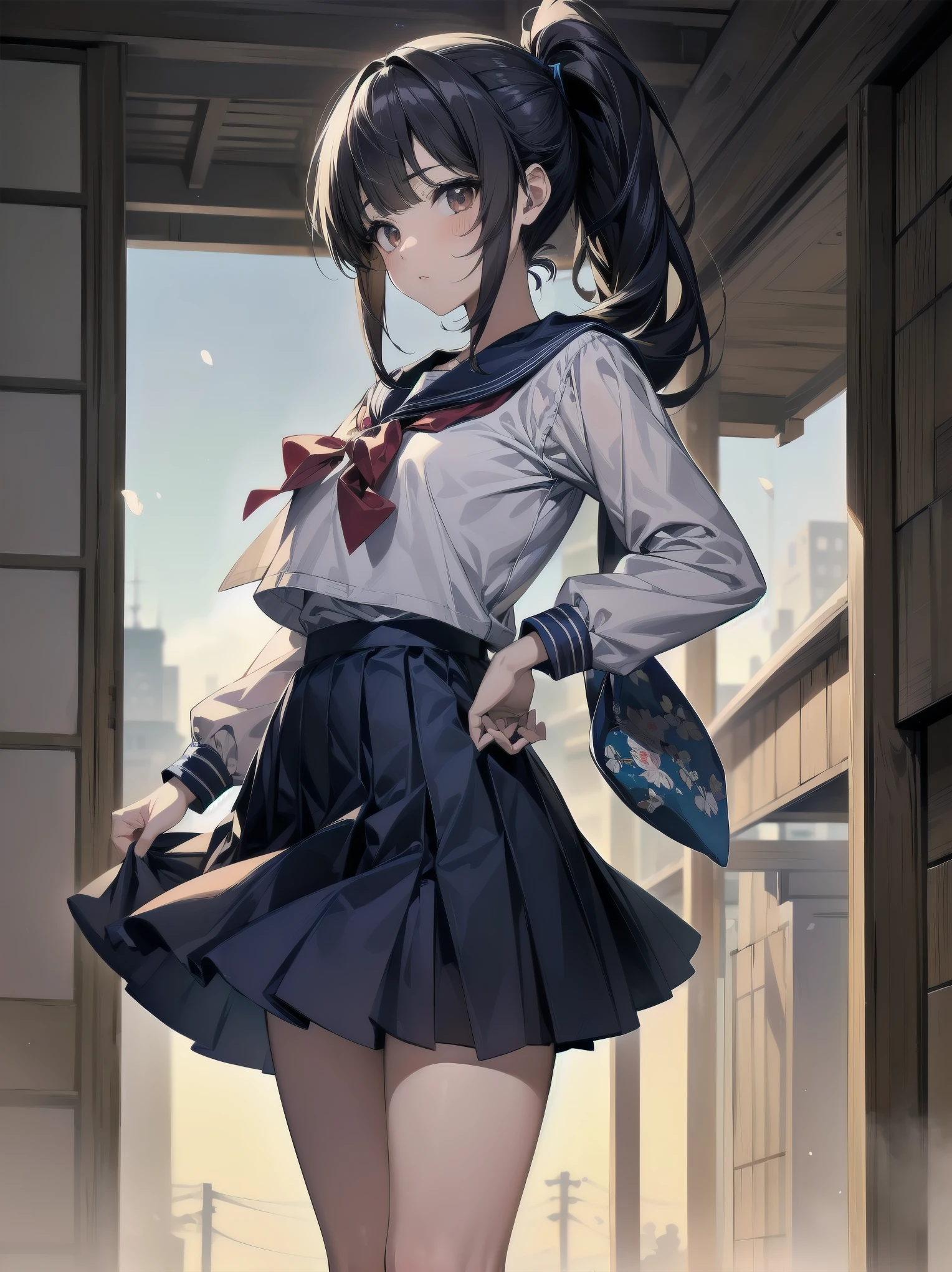 Masterpiece, illustration, super detailed, kawaii, one girl, 独奏, slender 14 year old, Japanese girl, chou chou, ribbon, nape of neck, low ponytail, cute pose in Less revealing attire, (Sailor uniform from Girls' Saint Academy, navy blue, white with 3 lines on collar), priss skirt, white socks, loafers, , Long Sleeves, White innerwear for sailor suit, living room, cowgirl shot, sfw, dynamic angle、Close-up on the characters、(building, city、A dense fog of fluorescent particles、1800Era、Japanese Style、Fiction、grow、Overwhelming、Detailed street)、A beautiful girl with a beautiful background and a super cute pose