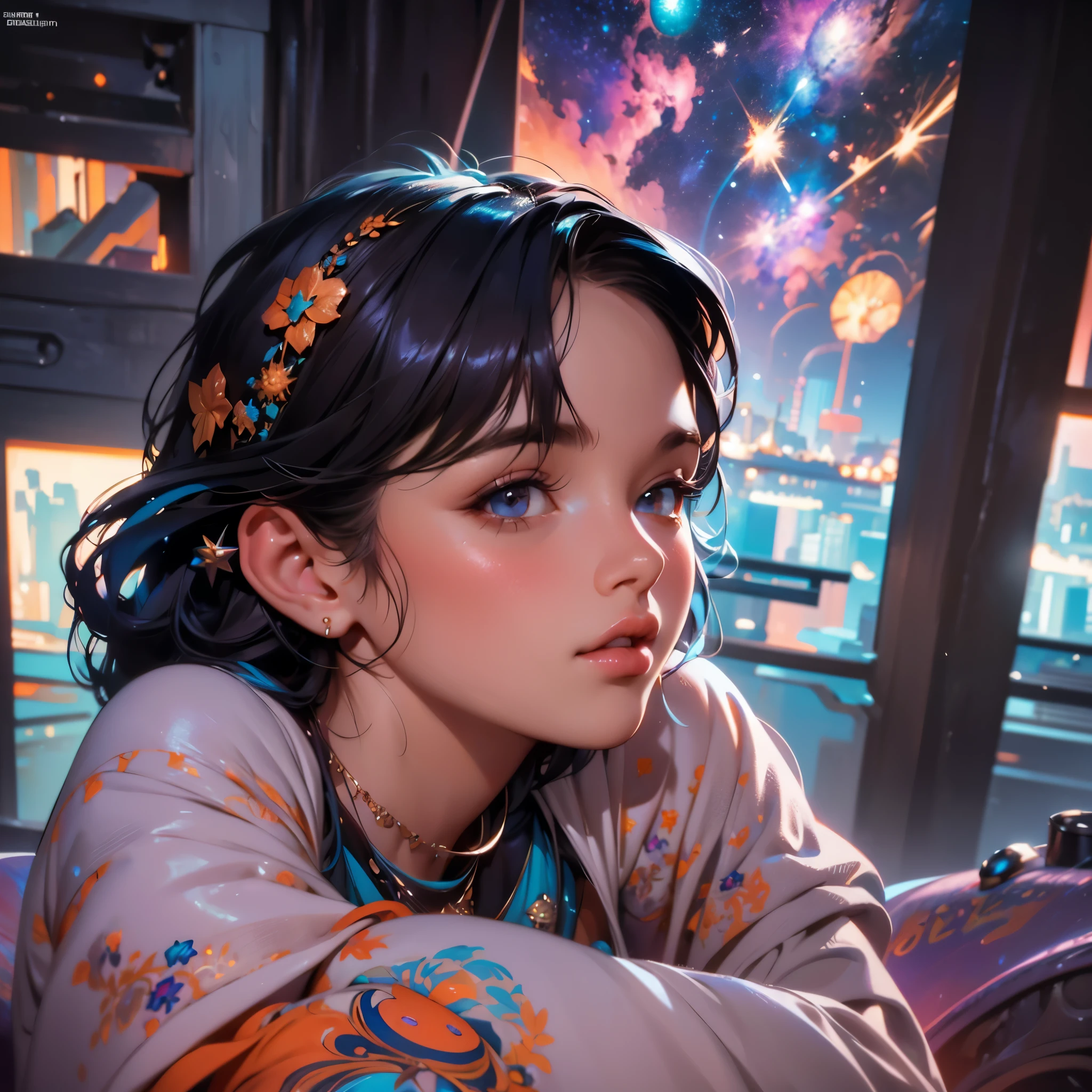 Young princess dreaming of nebula and galaxies, shooting stars, vibrant colors, night time sky background 8k resolution concept art by Greg Rutkowski dynamic lighting hyperdetailed intricately detailed Splash art trending on Artstation triadic colors Unreal Engine 5 volumetric lighting Alphonse Mucha WLOP Jordan Grimmer orange and teal