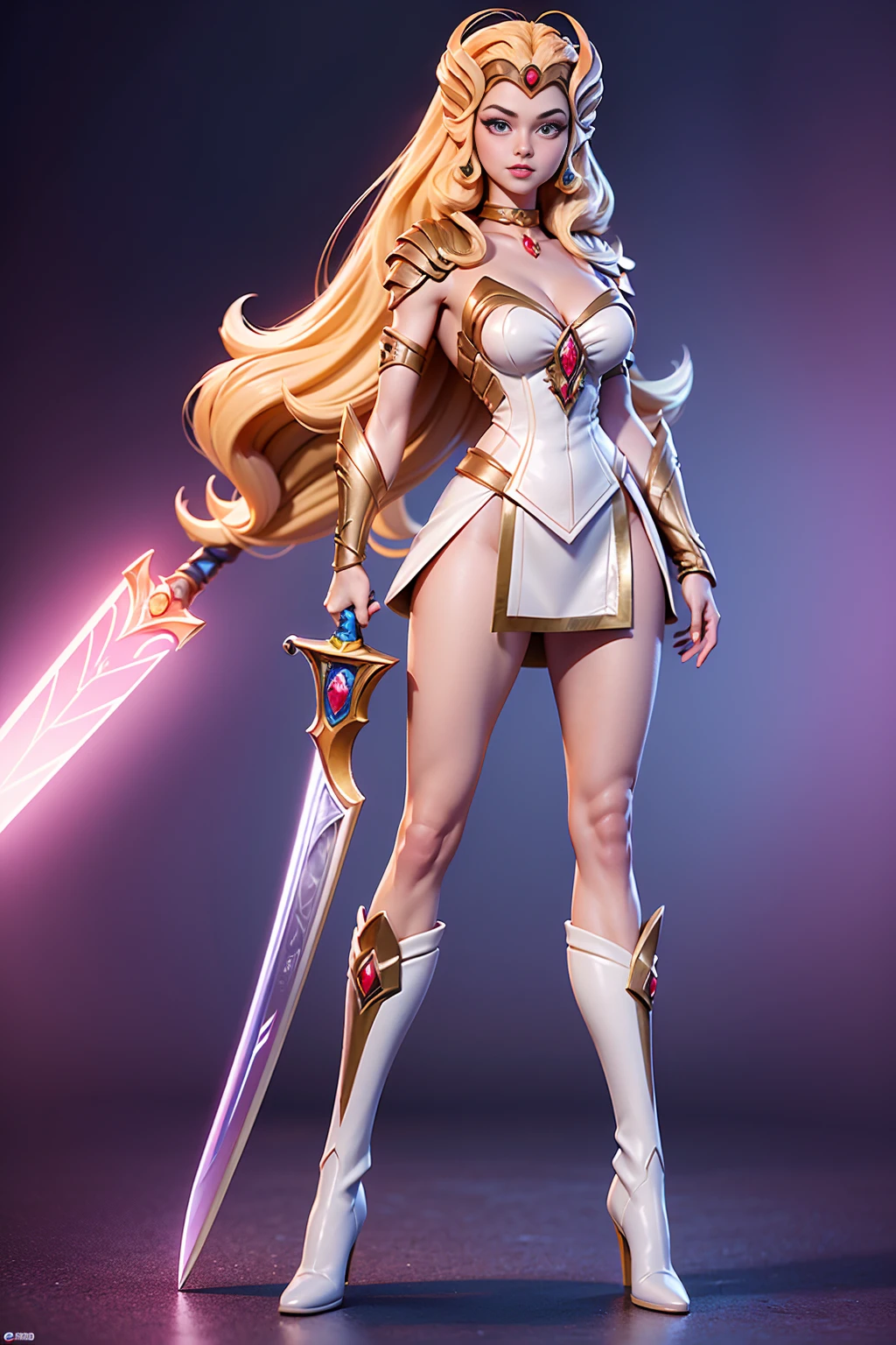 ((Full body photo,standing, feet on the ground))  Masterpiece, Ultra Detailed, Hard Drive, 8K, Photorealistic, 3dmm, !(a costumed woman holding a sword, She - RA, She-Ra, Powerful Girl, The Princess of Power, by Alan Davis, Intergalactic Princess, boots, Perfect Body , beautiful leaked image, giovanna day)
